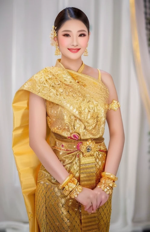 Woman in gold dress poses for photo,The ponytail is very long.,) traditional beauty, expensive silk, Southeast Asia that has existed for a long time, beautiful oriental woman, Southeast Asians with round faces, very Attractive and beautiful, Thai anime girl, very very beautiful, Beautiful Asian woman, traditional makeup, Wear gold jewelry, Attractive and beautiful