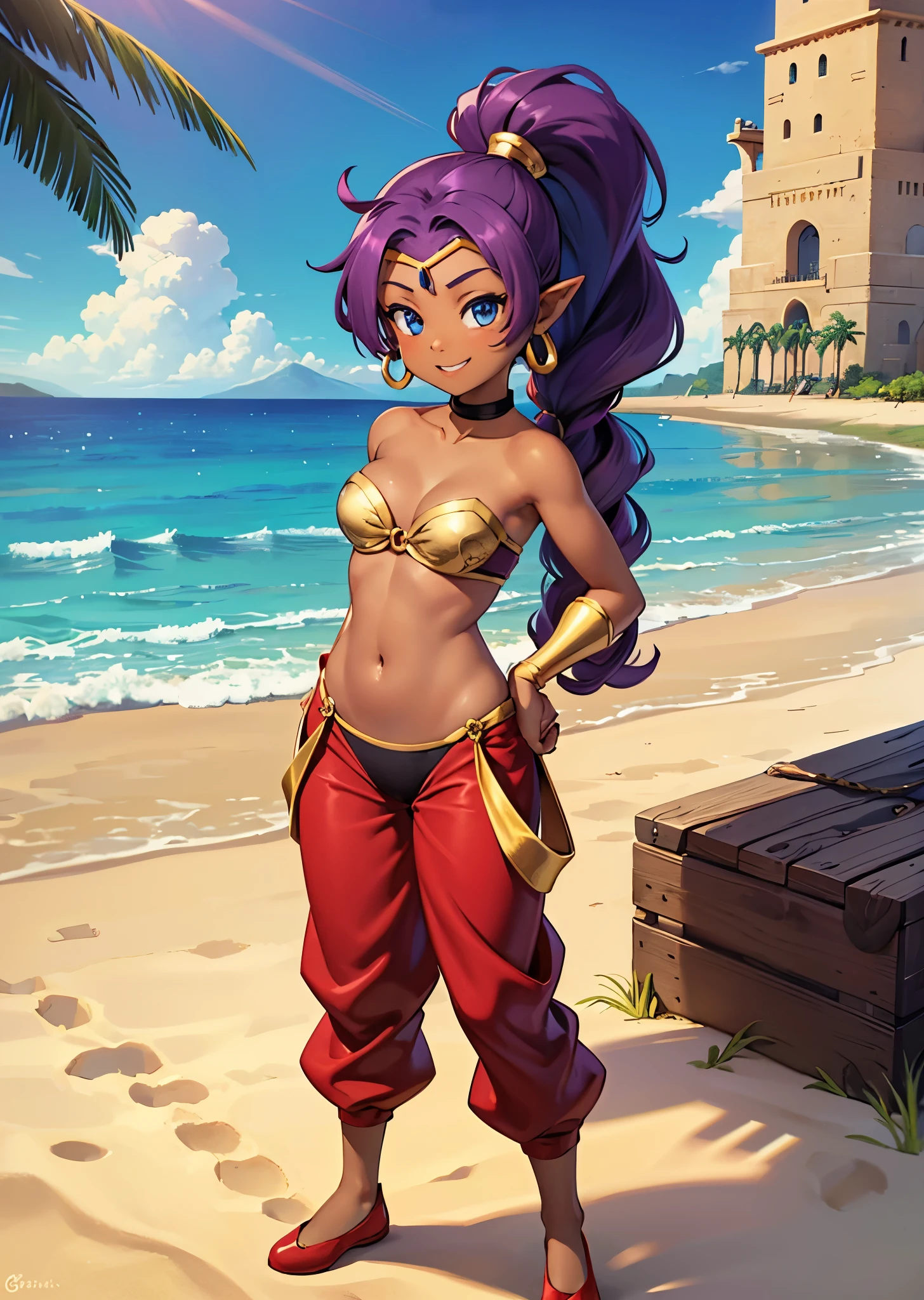 [Shantae], ((masterpiece)), ((HD)), ((highres)), ((solo portrait)), ((full body)), ((front view)), ((feet visible)), ((detailed shading)), ((intricate details)), {attractive girl, (dark skin tone), (brown skin), (purple hair), (long ponytail), (cute blue eyes), (curvy hips), (defined muscles), (cute smile), (white teeth)}, {(red o-ring bandeau), (vambraces), (red harem pants), (red shoes), gold bracers, gold tiara, hoop earrings, (red choker)}, {(standing on sand), (looking at viewer)}, [background; (beach), (beautiful ocean), (blue sky), (sun rays)]