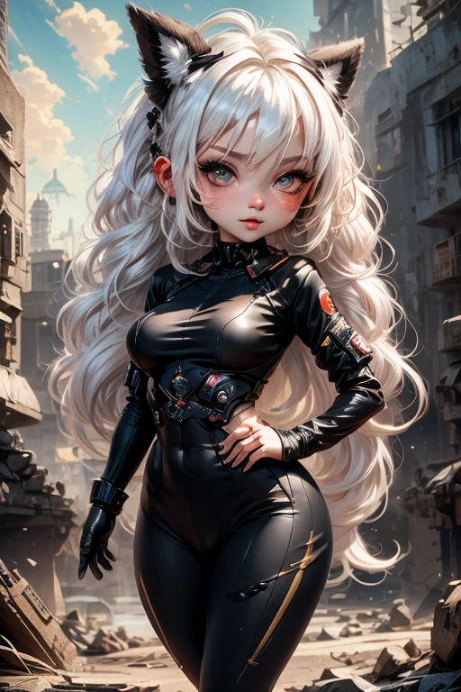 single,1woman\((chibi:1.8),cute,kawaii,Little boy,(white hair:1.7),(very long hair:1.7),bumps,(ear\(fluffy white Rabbit-ear\):1.3), (red eye),big eye,beautiful bright eye,white skin color,big hair bow,(suit\(combat suit, (very tight :1.5),(show body line:1.2),weapons\ )), BREAK ,Background\(rubble city,(close up woman), BREAK ,quality\(8K,extremely detailed CG unit wallpaper, masterpiece,high resolution,top-quality,top-quality real texture skin,hyperrealistic,increase resolution,RAW photos,best quality,very detailed,wallpaper,golden ratio\)