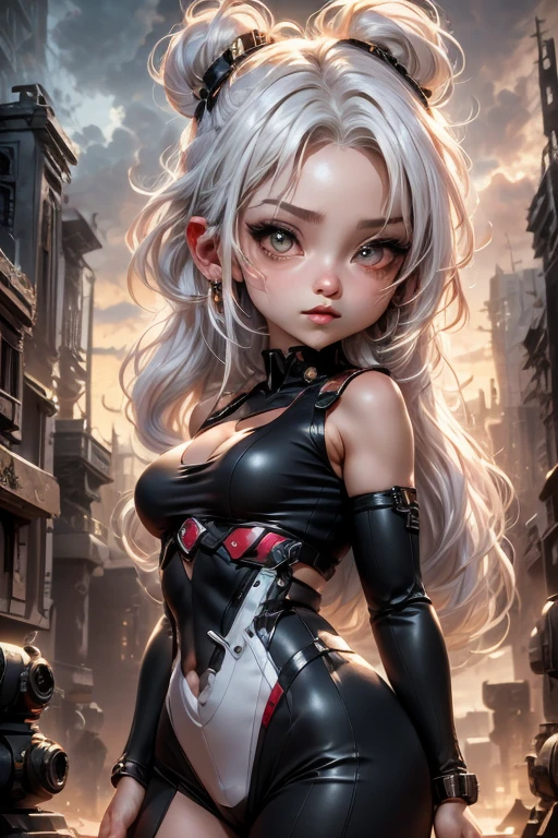 single,1woman\((chibi:1.8),cute,kawaii,**********,(white hair:1.7),(very long hair:1.7),bumps,(ear\(fluffy white Rabbit-ear\):1.3), (red eye),big eye,beautiful bright eye,white skin color,big hair bow,(suit\(combat suit, (very tight :1.5),(show body line:1.2),weapons\ )), BREAK ,Background\(rubble city,(close up woman), BREAK ,quality\(8K,extremely detailed CG unit wallpaper, masterpiece,high resolution,top-quality,top-quality real texture skin,hyperrealistic,increase resolution,RAW photos,best quality,very detailed,wallpaper,golden ratio\)