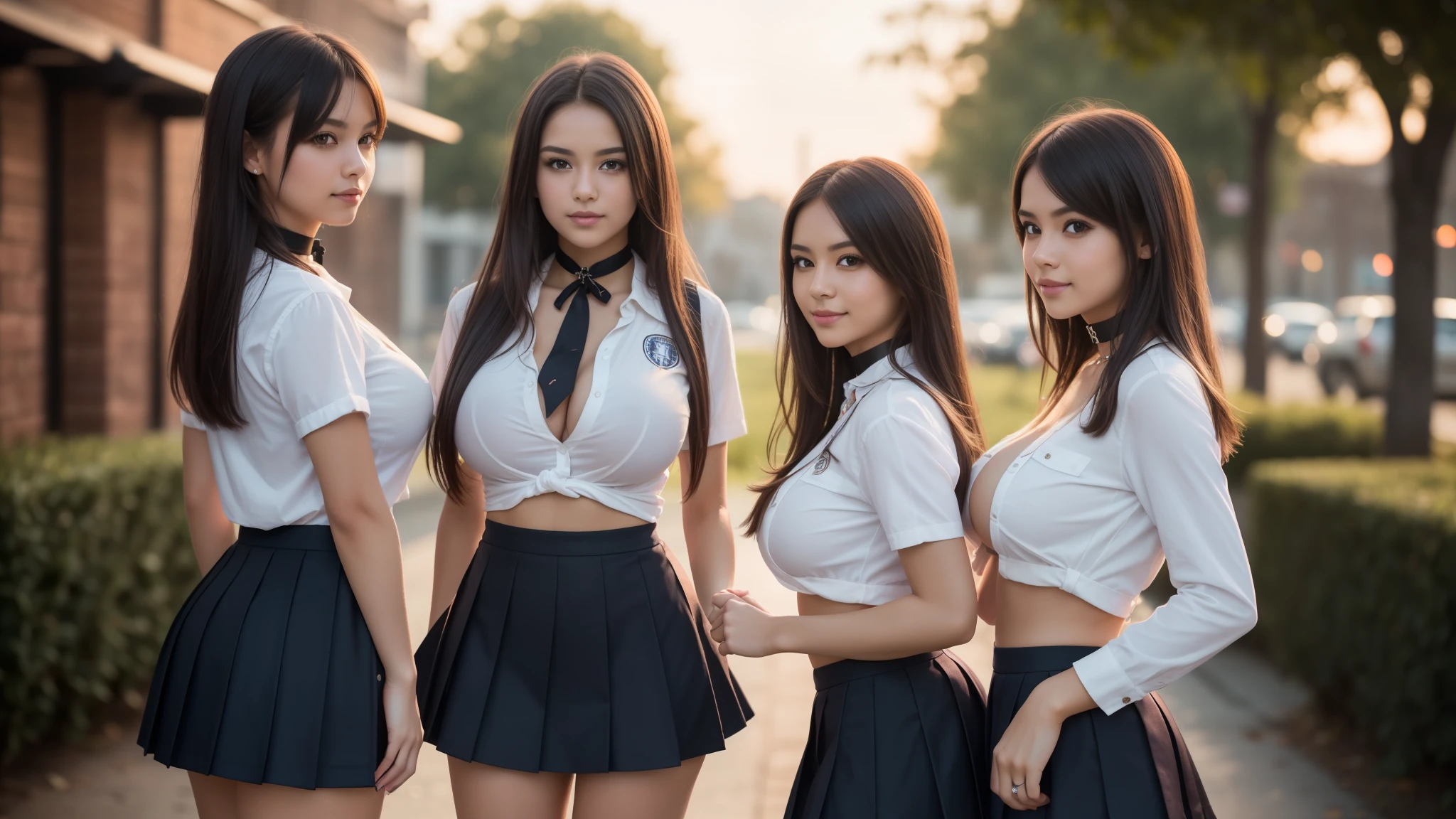 three girls, masterpiece,best qualtiy,hdr, hyper HD, 8K,Bokeh,Ultra-fine painting,Sharp focus,Physically-based rendering,Extreme detail description,portraitures,full-body photo，back turned at viewer, (long bob_cut hair), Sexy smile, choker, (school girl uniform with micro skirt and open shirt:1.2), (flashing pussy:1.2), (in sunset light:1.2), (kissing:1.2), perfect eyes, perfect hands, perfect body, perfect hair, (Big breasts:1.4), (EOS R8, 50 millimeters, F1.2, 8K, RAW photo:1.2), photograph by arny freytag