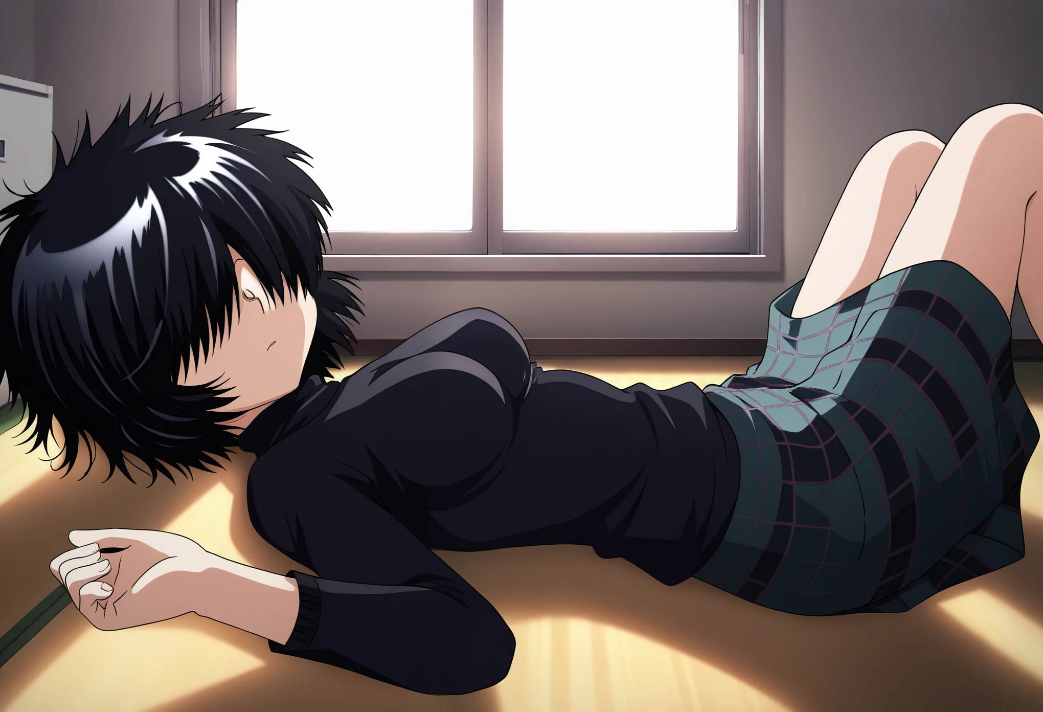 UrabeMikoto, 1girl, short hair, black hair, solo, black turtlenneck sweater, (hair over one eye), messy hair, source_anime, medium breasts, sunset, window, plaid skirt, on floor, lying down, on back,