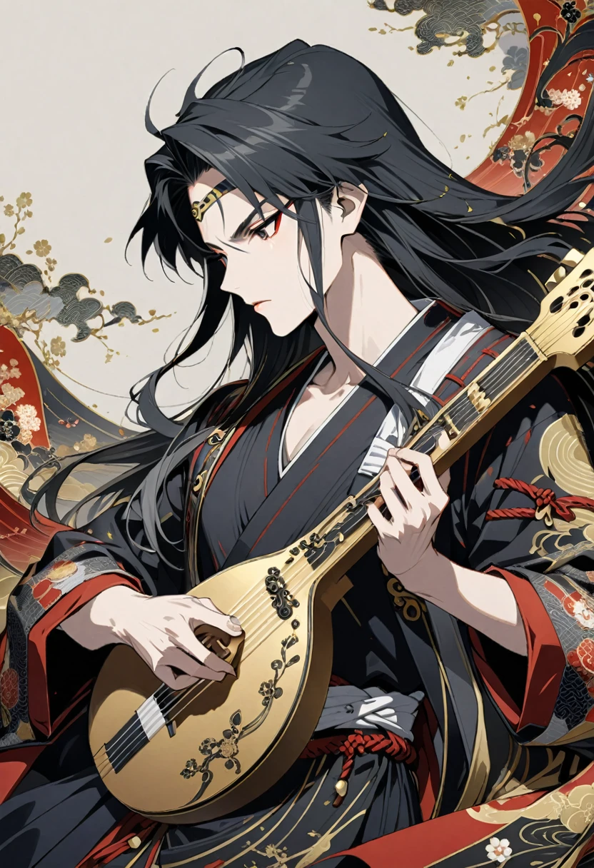 A stunning illustration of Kintaro, the Japanese God with long hair and mask playing the lute in the style of cool, with intricate details, a masterpiece, a flat background, dark colors like reds, whites, gold, black and grey, floral patterns, and musical notes. --ar 3:4 --niji 6