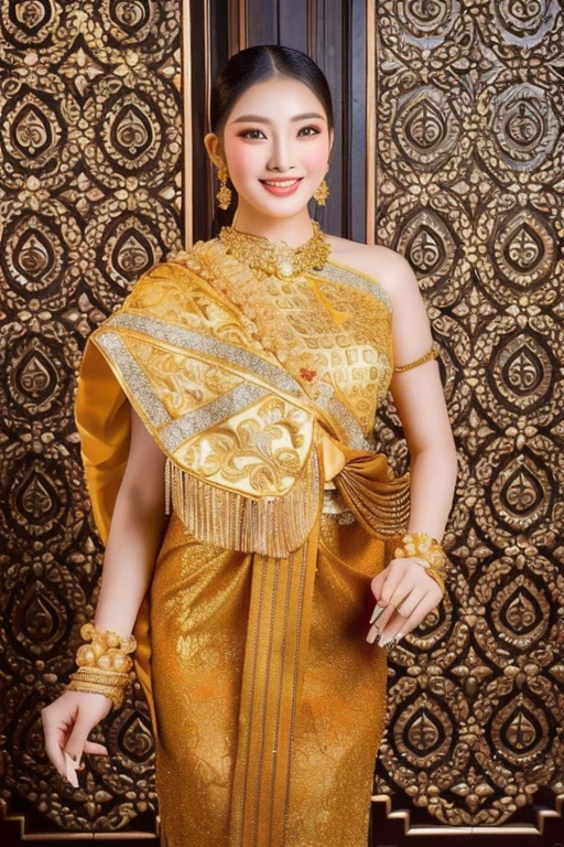 Woman in gold dress poses for photo,The ponytail is very long.,) traditional beauty, expensive silk, Southeast Asia that has existed for a long time, beautiful oriental woman, Southeast Asians with round faces, very Attractive and beautiful, Thai anime girl, very very beautiful, Beautiful Asian woman, traditional makeup, Wear gold jewelry, Attractive and beautiful