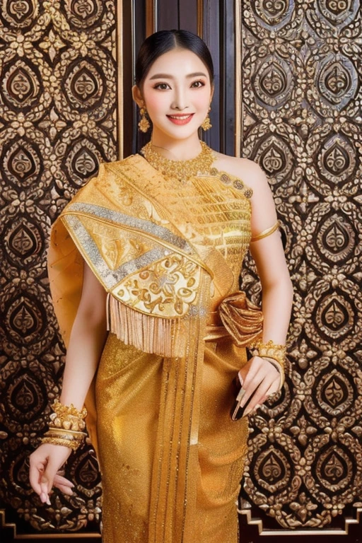 Woman in gold dress poses for photo,The ponytail is very long.,) traditional beauty, expensive silk, Southeast Asia that has existed for a long time, beautiful oriental woman, Southeast Asians with round faces, very Attractive and beautiful, Thai anime girl, very very beautiful, Beautiful Asian woman, traditional makeup, Wear gold jewelry, Attractive and beautiful