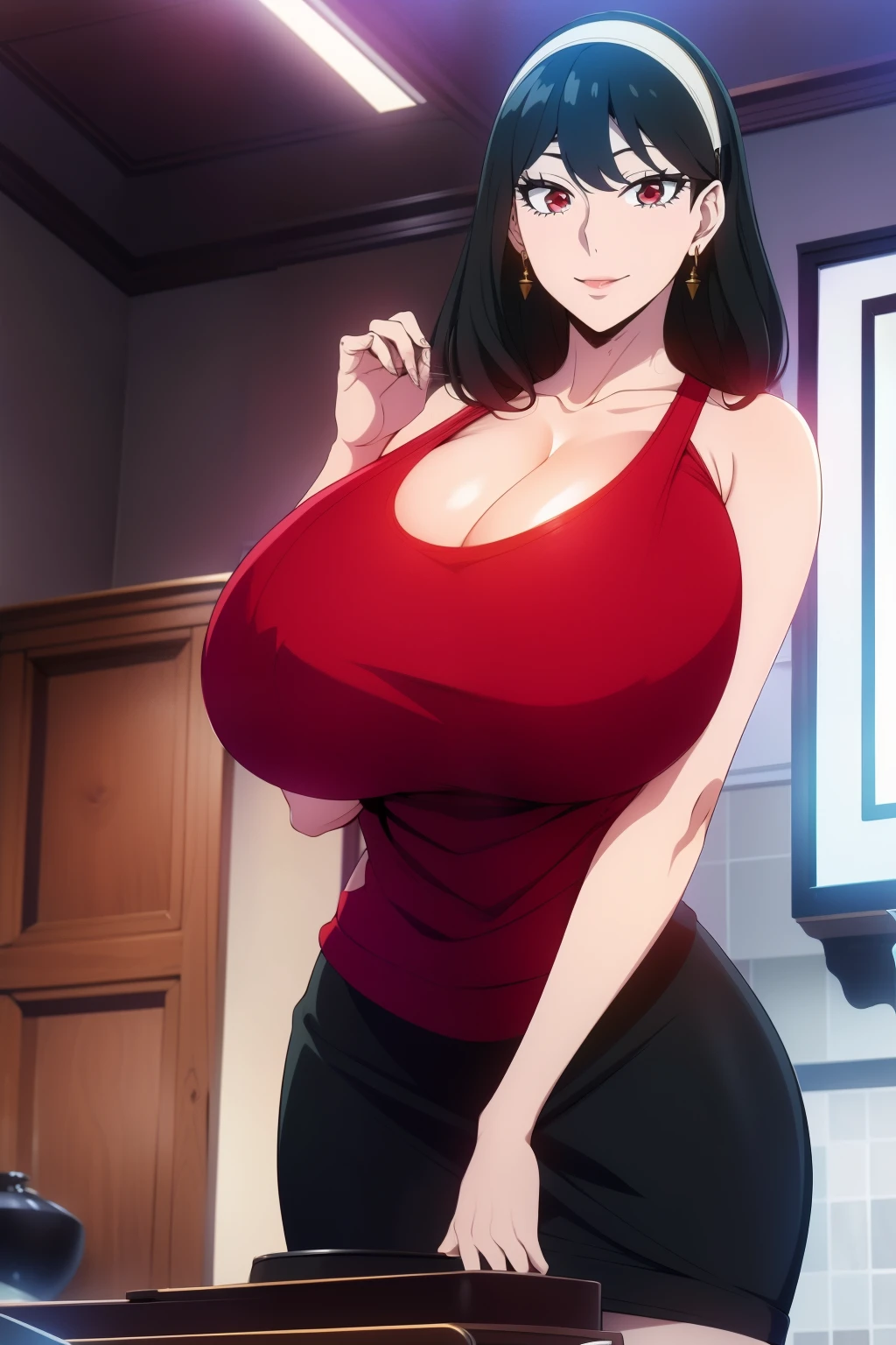 An anime-style artwork depicting yor from the anime spy x family

Tags: Yor Forger, holding, black hair, (white tank top:1.1), miniskirt,curvy, thighs, higheels, shiny clothes, skin tight, , hairband,  sidelocks,  looking at viewer,  bare shoulders, standing,  earrings,  short hair with long locks, jewelry, closed mouth, bangs, anime, detailed eyes, detailed lips, ass, 1girl, red eyes, (black hair:1.1), solo, huge breasts, smiling expression, intense gaze, dynamic pose, indoor, palace, vibrant colors, digital art, high-resolution, professional quality, gigantic breasts, cleavage), curvy, cowboy shot, (gigantic breasts: 1.4),