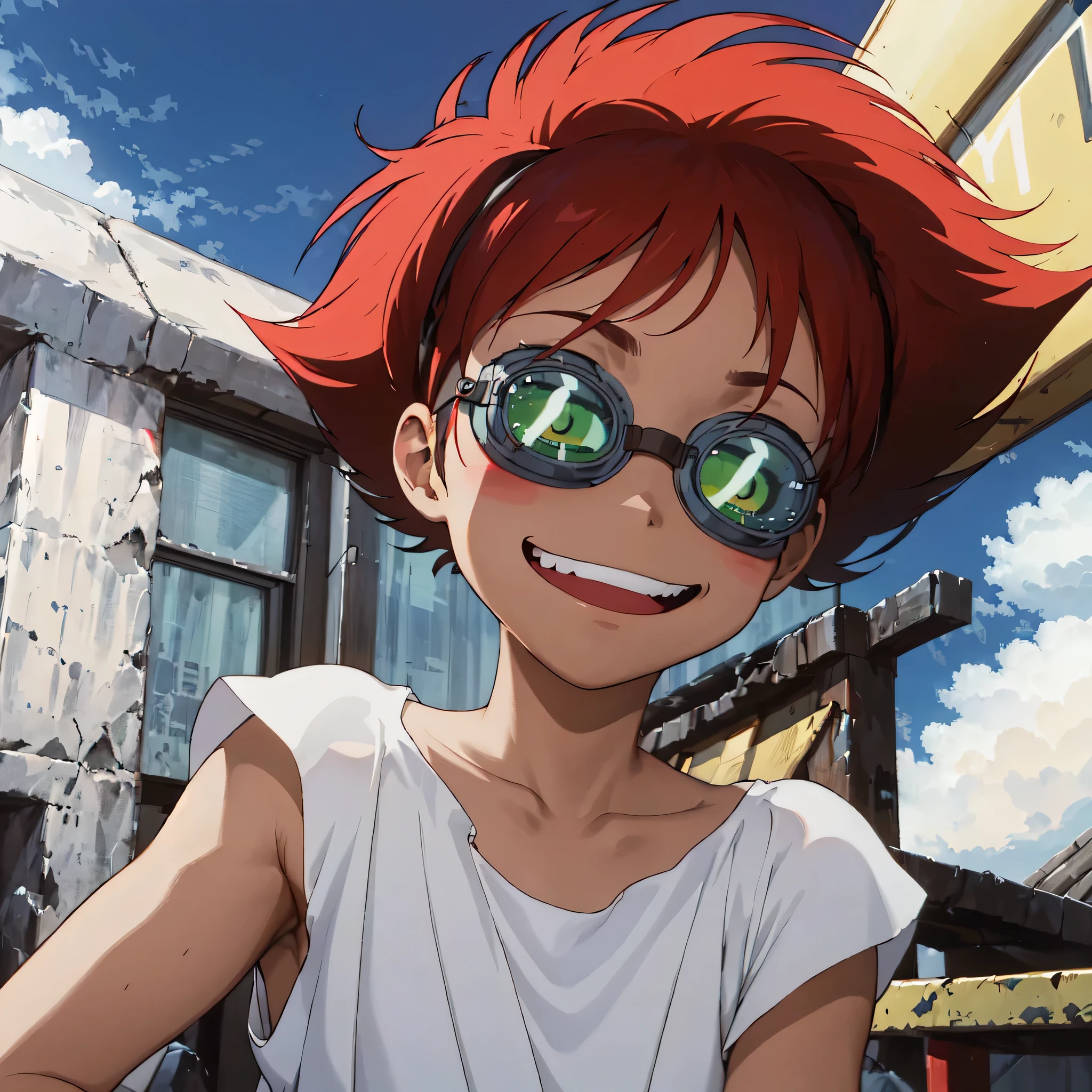 (Radical Ed:1.5), (Edward Wong Hau Pepelu Tivrusky IV), red hair, (Green goggles), white shirt, A once-in-a-millennium masterpiece, A photo you will never get again, Inexplicable high resolution, The cutest girl in the world, Ultra high definition eyes, Eyes that seem to draw you in, Jewel-like eyes, Extreme close up, very slender, clavicle, 13-year-old, spaceship on the background, blue sky, grin, shoulder