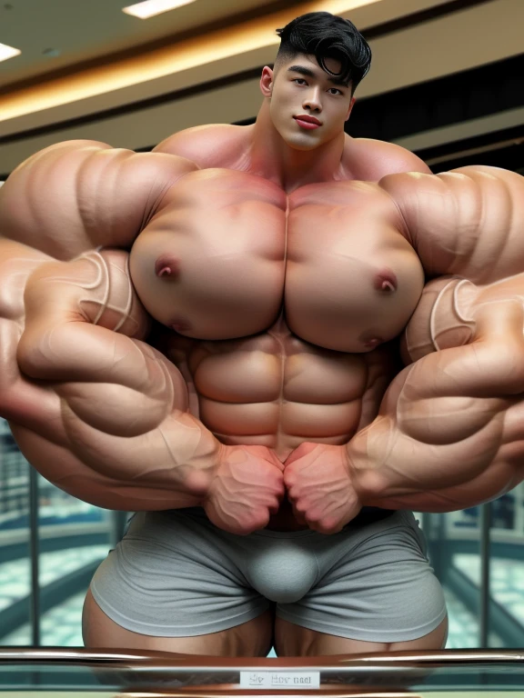 1 asian boy, undercut black haircut, bodybuilder pose, indoor, on the department store's escalator, strong body, bulk, naked, wear white triangular underwear, bulge, very big, brutalmass, giant, muscular body, bulk, massive body, large meaty body size, brown veiny skin, big arms, ballooning meaty pecs, big butt. wet, UHD, Realistic, intricate detail, illuminating  light