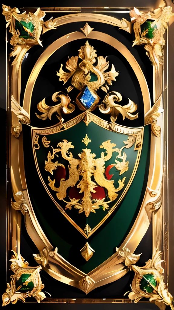 a close-up of a gold and green shield with a golden dragon, arte ornamentada, Coat of arms with golden dragon, heraldry, royal relief, Coat of arms, projeto de escudo, inlaid with gold rococo, inspirado em Cedric Seaut (Keos Masons), pintura ornamentada, masonic art, barroco detalhado, pintura barroque, emblema do escudo, Artistic style of classicism, golden relief with golden dragon