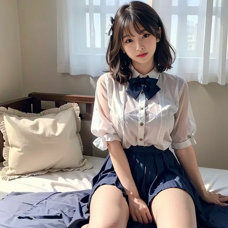8K quality,(Photoreal: 1.4), (Hyperrealistic: 1.4), (Realistic: 1.3), (Smooth lighting: 1.05), (Improved Cinematic Lighting: 0.9), 32K, (In a dimly lit room)(The entire character is in the middle of the screen),light grin,(1 Japanese woman), Age 18 years old,Realistic lighting, Backlight, Face Lights, Ray traching, (Bright light: 1.2), (Quality improvement: 1.4), ( Top quality realistic texture skin: 1.4), Fine Detailed Eyes, Detailed face, Fine quality eye, Dark brown eyes, Feeling a little shy,Feel optimistic and sunny(Medium to large round chest),(Tired, Sleepy and Satisfied: 0.0), Pale light, White translucent blouse, Bow tie, Navy blue skirt, Silk white ankle socks,(did not wear panties),The edges roll up and wear out, Sit quietly on the bed, large round breasts, short hair