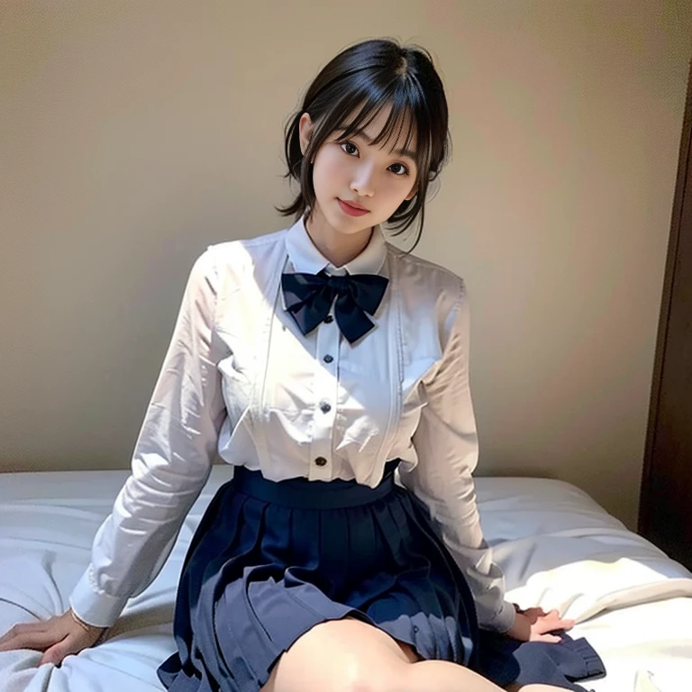 8K quality，(Photoreal: 1.4), (Hyperrealistic: 1.4), (Realistic: 1.3), (Smooth lighting: 1.05), (Improved Cinematic Lighting: 0.9), 32K, （In a dimly lit room）（The entire character is in the middle of the screen），light grin，（1 Japanese woman）, Age 18 years old，Realistic lighting, Backlight, Face Lights, Ray traching, (Bright light: 1.2), (Quality improvement: 1.4), ( Top quality realistic texture skin: 1.4), Fine Detailed Eyes, Detailed face, Fine quality eye, Dark brown eyes, Feeling a little shy，Feel optimistic and sunny（Medium to large round chest），(Tired, Sleepy and Satisfied: 0.0), Pale light, White translucent blouse, Bow tie, Navy blue skirt, Silk white ankle socks，（did not wear panties），The edges roll up and wear out, Sit quietly on the bed, large round breasts, short hair 