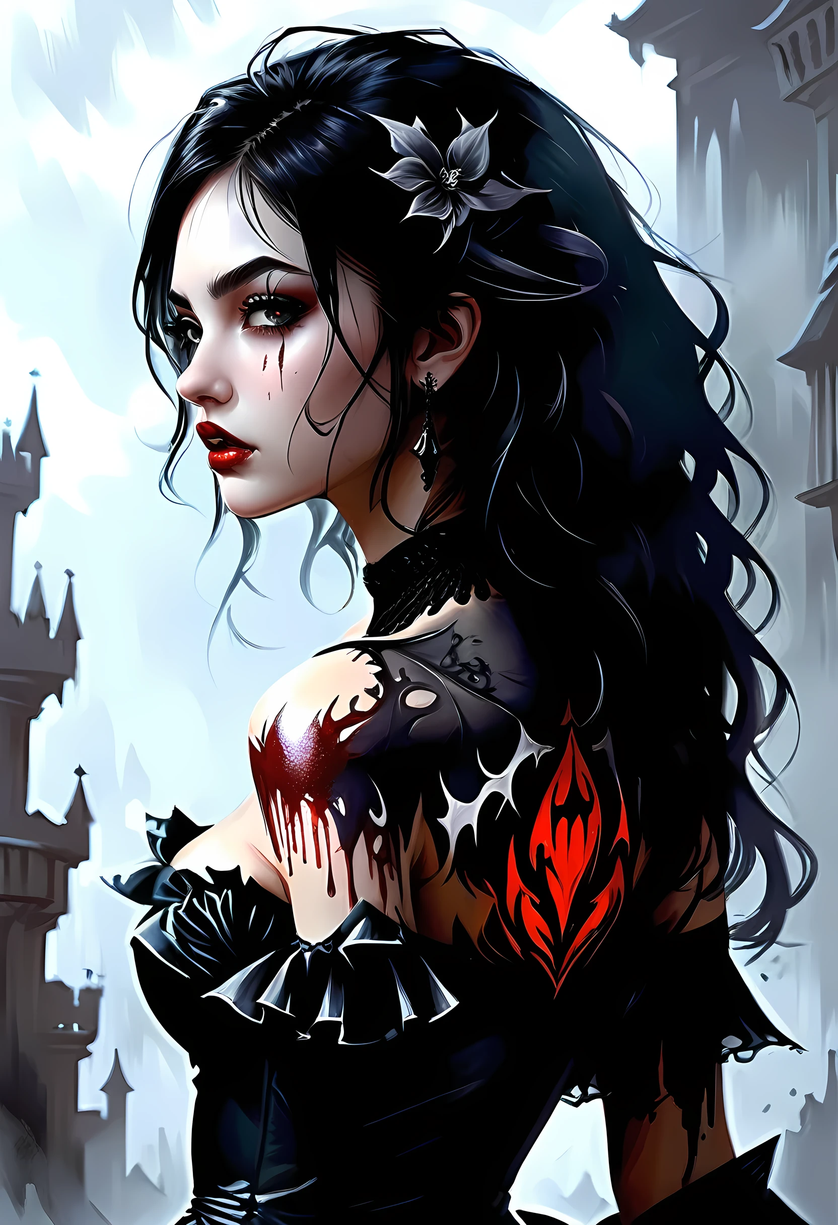 Arafed, Dark fantasy art, fantasy art, goth art, a picture of a ((tattoo: 1.5)) on the back of a female vampire, ((a fanged mouth dripping blood tattoo: 1.5)) (intricate details, best quality, masterpiece: 1.5), on the back of the vampire, the tattoo is vivid, intricate detailed coming to life from the ink to real life, shot taken from the back,  ((the back is visible: 1.3), she wears a transparent black dress, bare back, the dress is elegant, flowing, gothic style dress, dynamic hair color, dynamic hair style, dark novel