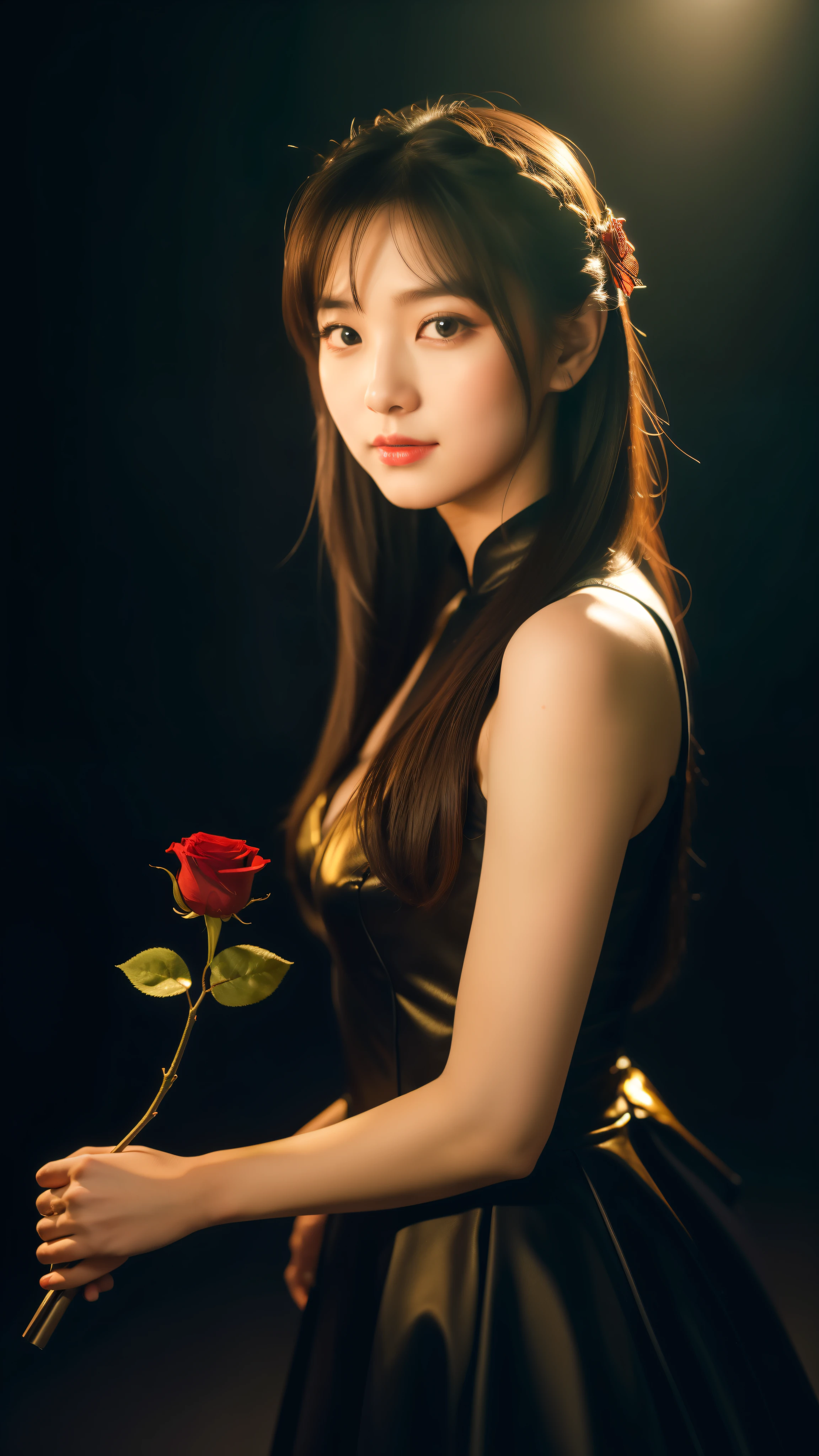 ((8k:1.27), best quality, masterpiece, golden ratio, ultra highres:1.2) Photo of cute idol girl (beautiful:1.1), , 18 years old, fantasy, detailed, professionally photography, Hasselblad camera, depth of field, 300mm fixed lens, super realistic, ray tracing, cinematic photography, dark background, super black background, photo of woman wearing long dark dress, holding a red rose in her hand, wearing black shoes, no lamp background