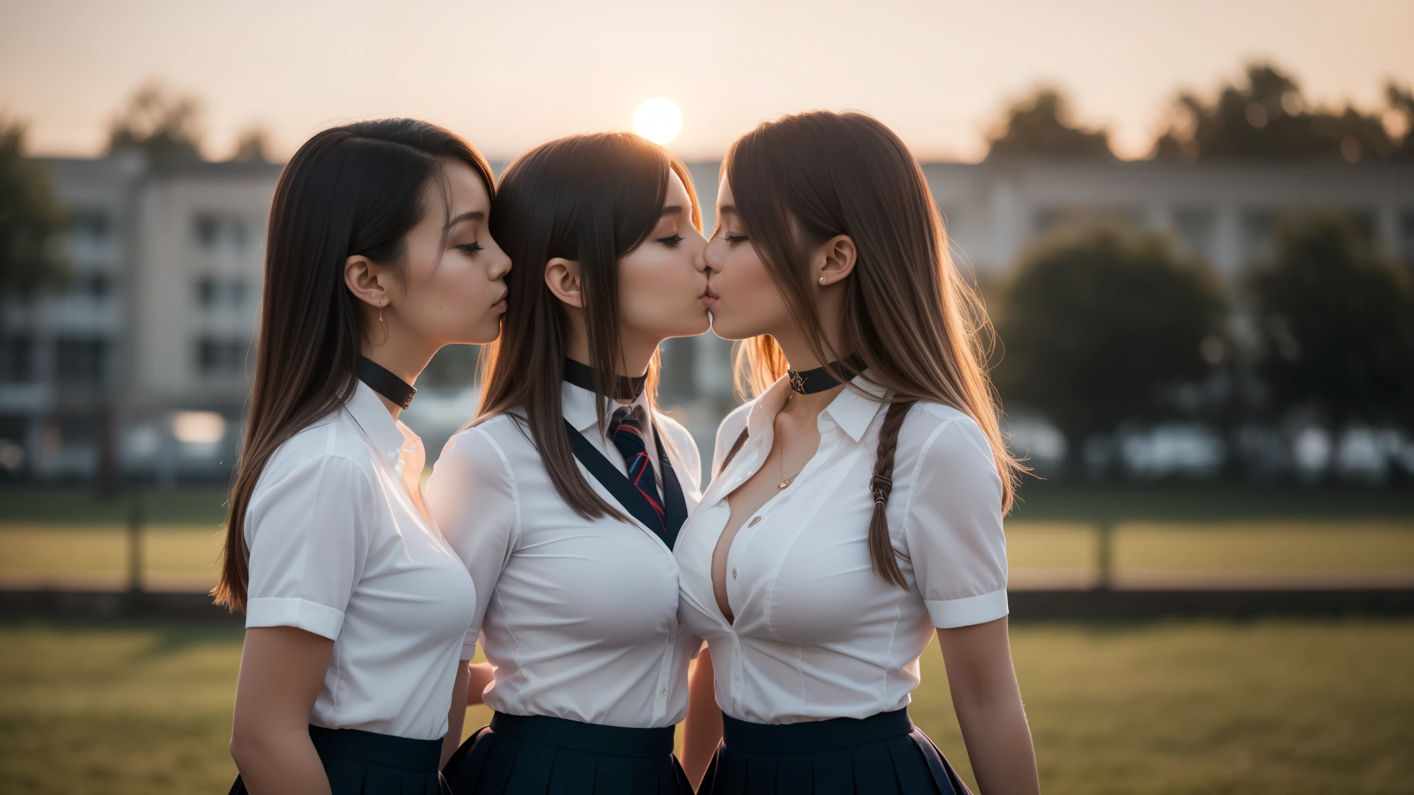 three girls, masterpiece,best qualtiy,hdr, hyper HD, 8K,Bokeh,Ultra-fine painting,Sharp focus,Physically-based rendering,Extreme detail description,portraitures,full-body photo，back turned at viewer, (long bob_cut hair), Sexy smile, choker, (school girl uniform with micro skirt and open shirt:1.2), (in sunset light:1.2), (kissing:1.3), perfect eyes, perfect hands, perfect body, perfect hair, (Big breasts:1.4), (EOS R8, 50 millimeters, F1.2, 8K, RAW photo:1.2), photograph by arny freytag