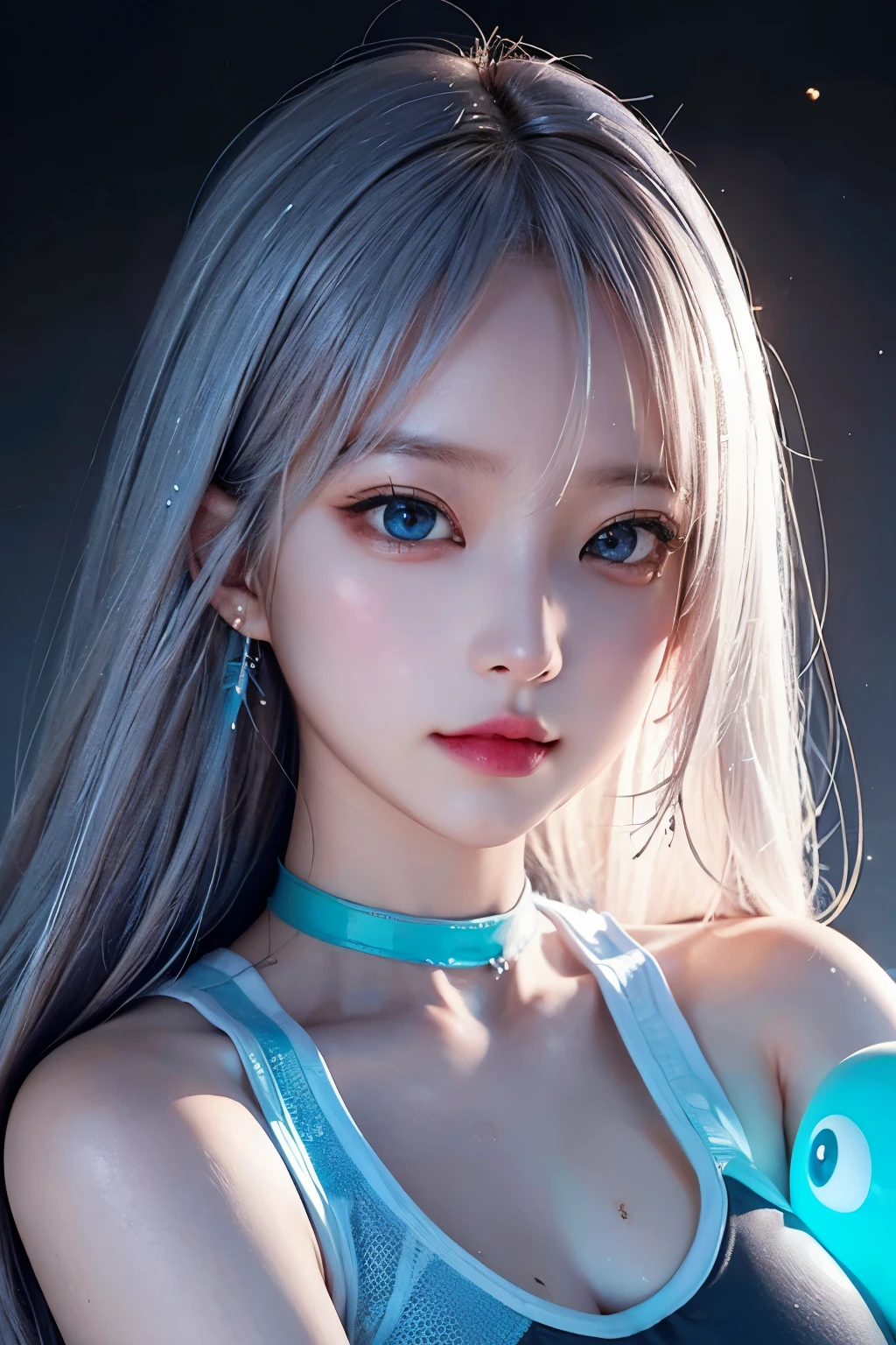 highest quality、8K masterpiece、超A high resolution、(Realistic:1.3)、RAW Photos、1 girl、Silver Hair、Glowing Skin、Training wear、((Ultra-Realistic Details))、Portraiture、Global Illumination、Shadow、Octane Rendering、8k、Ultra Sharp、、、Metal、Cool colors、、Very intricate detail、Realistic Light、CGSoation Trend Beautiful Eyes、Eyes shining at the camera、Neon Details、-yeld giSparkling turquoise eyes、、Became a slime、Flat body、choker