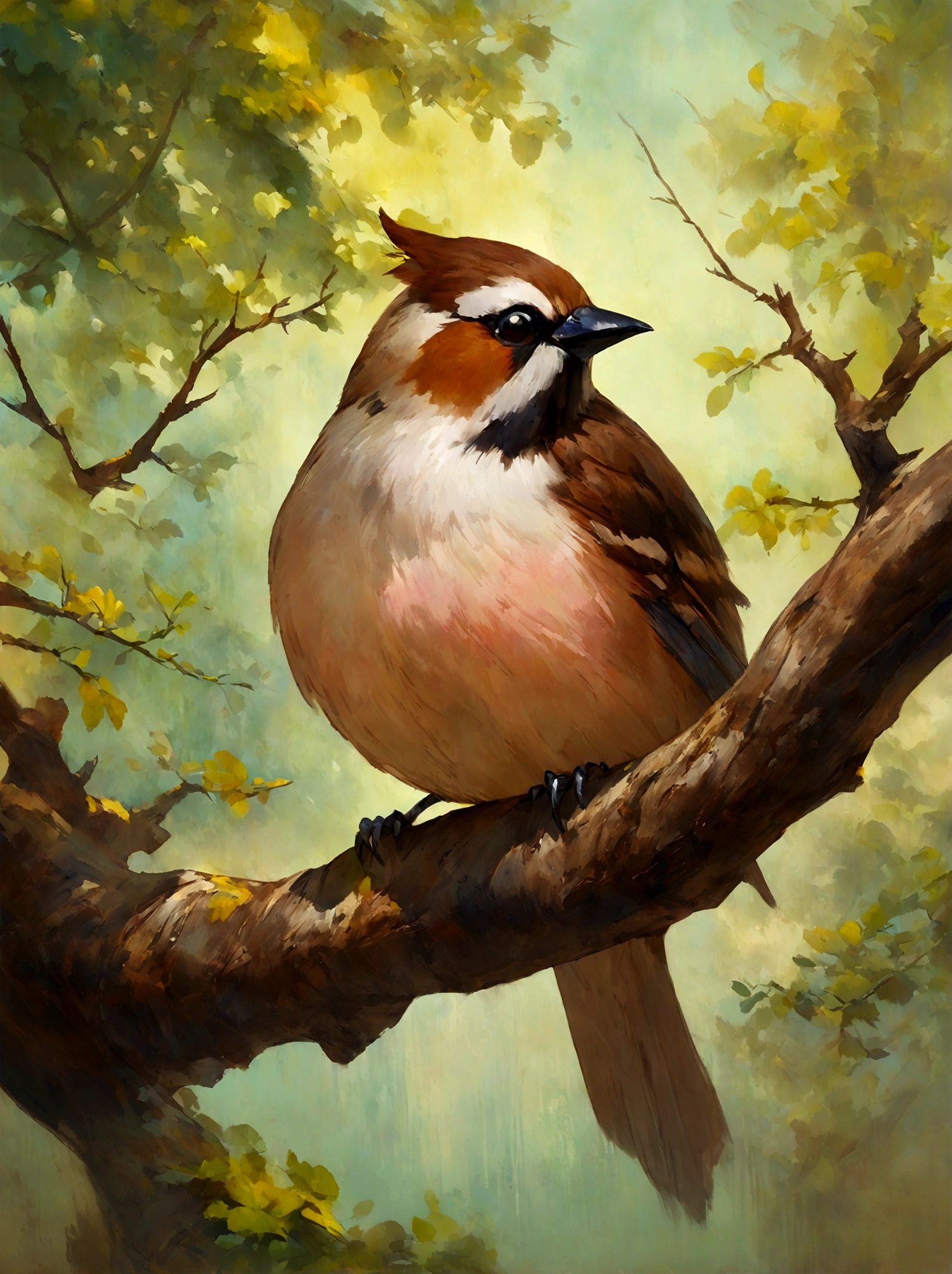 painting of a bird with a pink breast sitting on a branch, a pastel by David Park, Artstation, fine art, painted in acrylic, oil painted, oil painting!!!, acrylic, “ painting, acrylic painting, oil on board, covered in oil painting, beautiful!!!!!!!!!, acrylic and oil painting, very stylized, an oil paiting of a sparrow