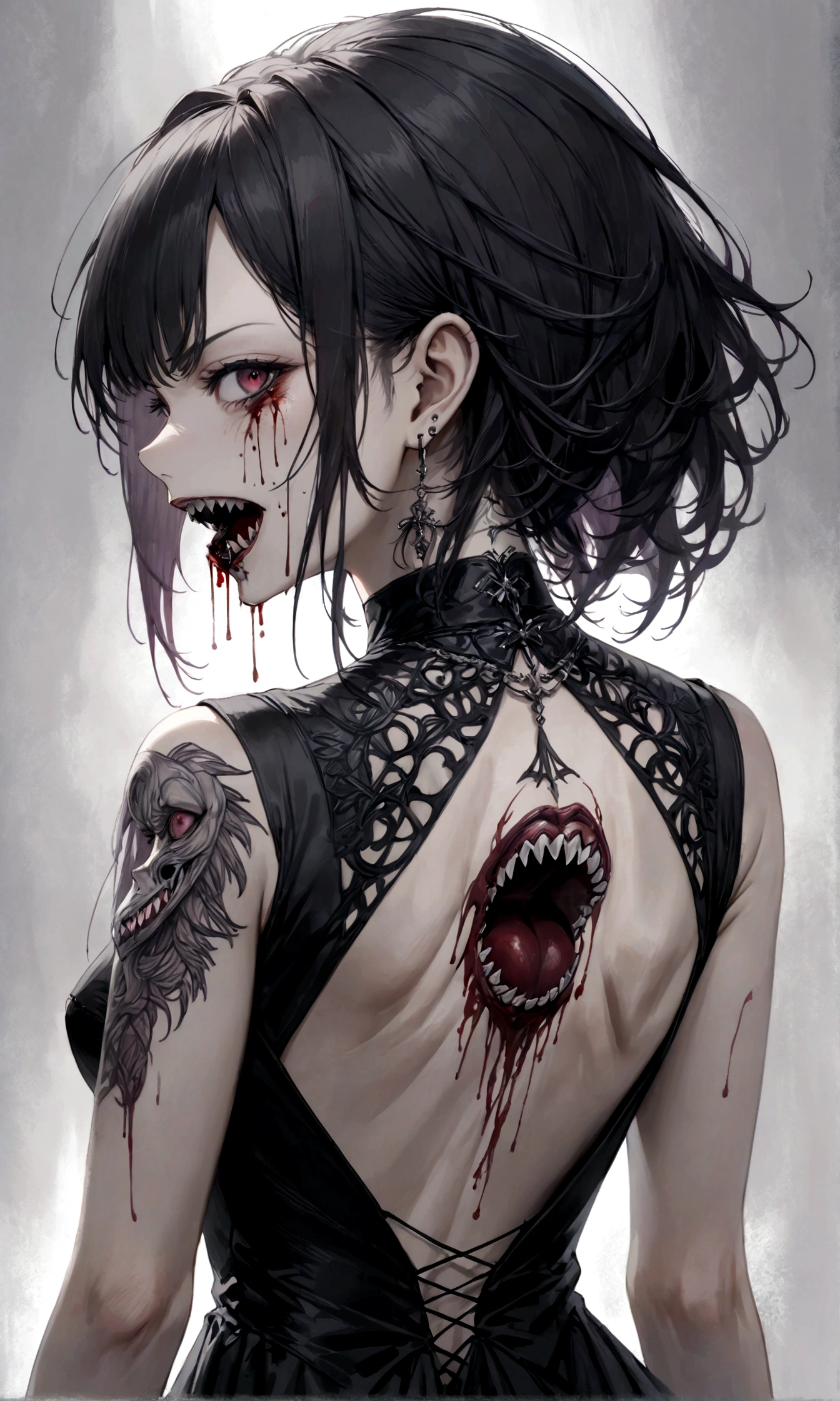 Arafed, Dark fantasy art, fantasy art, goth art, a picture of a ((tattoo: 1.5)) on the back of a female vampire, ((a tattoo of a fanged mouth dripping blood: 1.5)) (intricate details, best quality, masterpiece: 1.5), on the back of the vampire, the tattoo is vivid, intricate detailed coming to life from the ink to real life, shot taken from the back, ((the back is visible: 1.3), she wears a transparent black dress, bare back, the dress is elegant, flowing, gothic style dress, dynamic hair color, dynamic hair style, dark novel