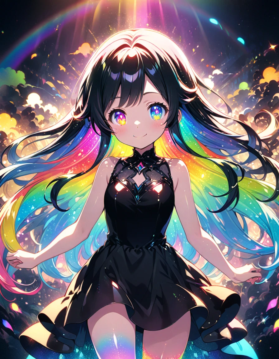 A girl with long rainbow hair, glowing rainbow eyes and an adorable smile wearing black dress, detailed anime style, fantasy illustration art, shiny glossy colorful lighting, glittery skin, glowing neon color palette, cute face --ar 3:4 --niji 6