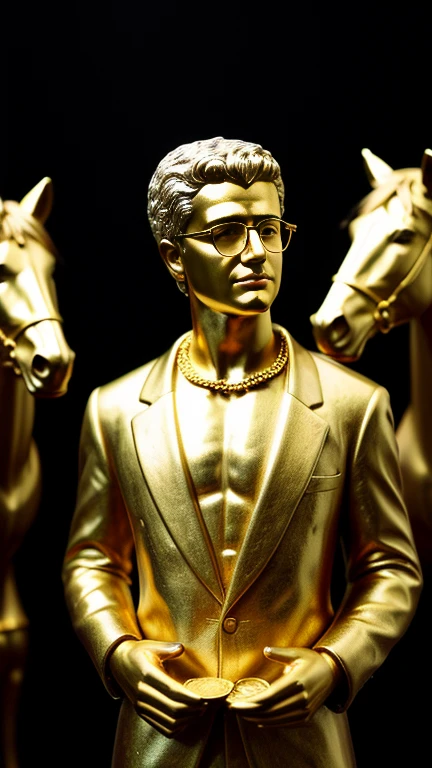  I want a sculpture of stoic philosophers with a black and white background. The picture should focus on the philosphers holding money or in a meeting and showing wealth. It should be a full-body sculpture with walls or buildings in the back ground. Hyper realistic wearing the gold chain glasses several gold coin scattered on the floor Best for creating fairy horse style and sharp lines.
