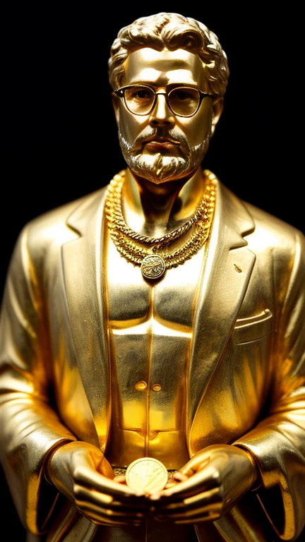 I want a sculpture of stoic philosophers with a black and white background. The picture should focus on the philosphers holding money or in a meeting and showing wealth. It should be a full-body sculpture with walls or buildings in the back ground. Hyper realistic wearing the gold chain glasses several gold coin scattered on the floor Best for creating fairy horse style and sharp lines.