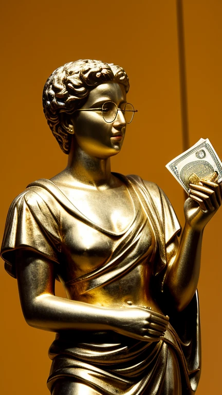 I want a sculpture of stoic philosophers with a black and white background. The picture should focus on the philosphers holding money or in a meeting and showing wealth. It should be a full-body sculpture with walls or buildings in the back ground. Hyper realistic wearing the gold chain glasses several gold coin scattered on the floor Best for creating fairy horse style and sharp lines.