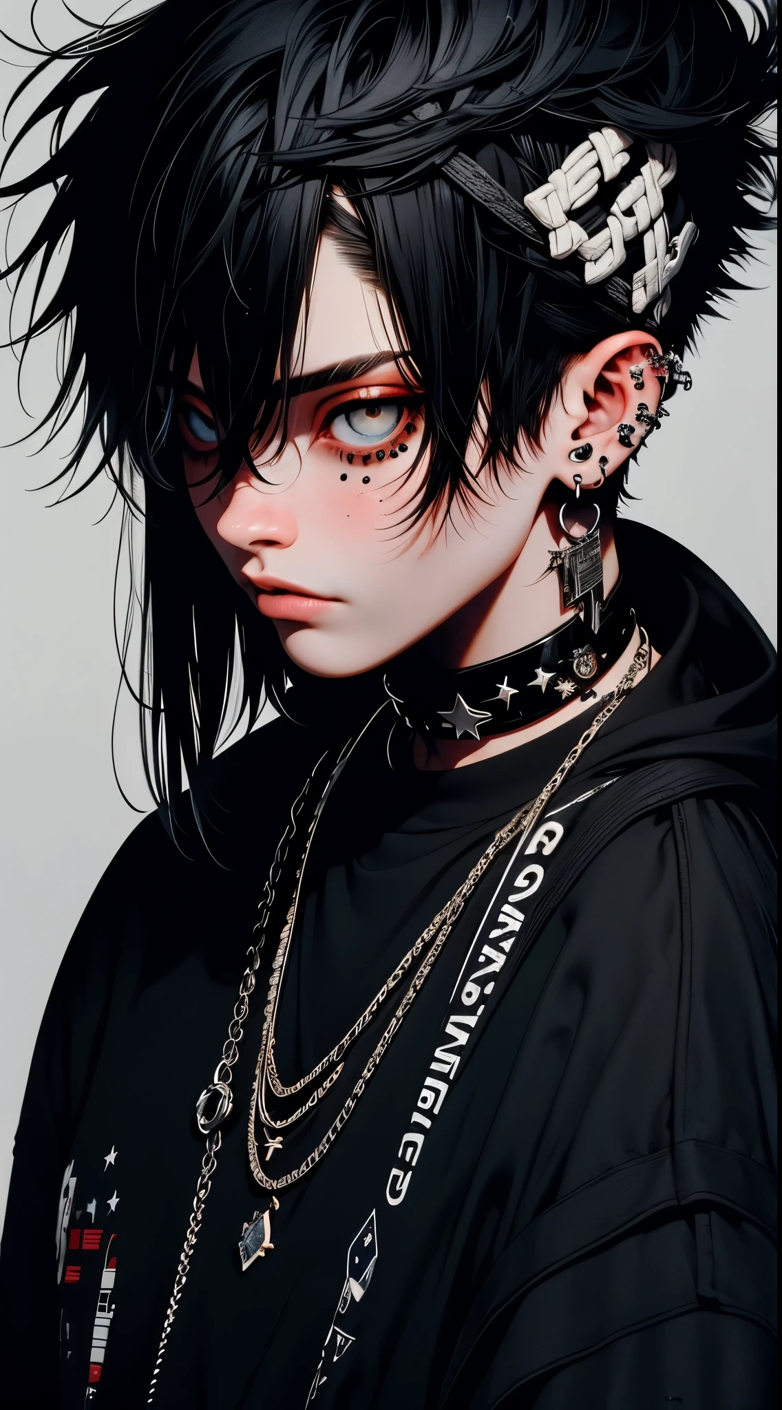 Um garoto fofo com visual emo de 16 anos, medium black hair tied up and messy with a white fringe, ((usa piercings)), dynamic pose,