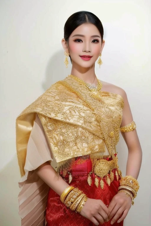 Woman in gold dress poses for photo,The ponytail is very long.,) traditional beauty, expensive silk, Southeast Asia that has existed for a long time, beautiful oriental woman, Southeast Asians with round faces, very Attractive and beautiful, Thai anime girl, very very beautiful, Beautiful Asian woman, traditional makeup, Wear gold jewelry, Attractive and beautiful