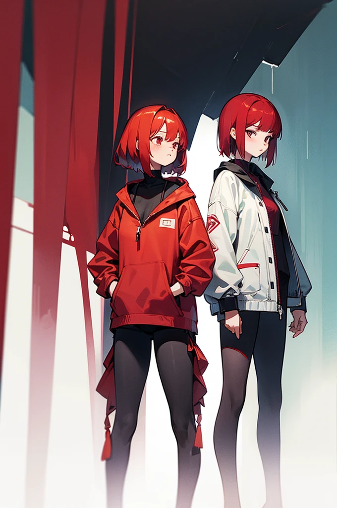 Two girls one tall one short. the tall one has red hair. the short one has dark cherry red. ((both are visible))