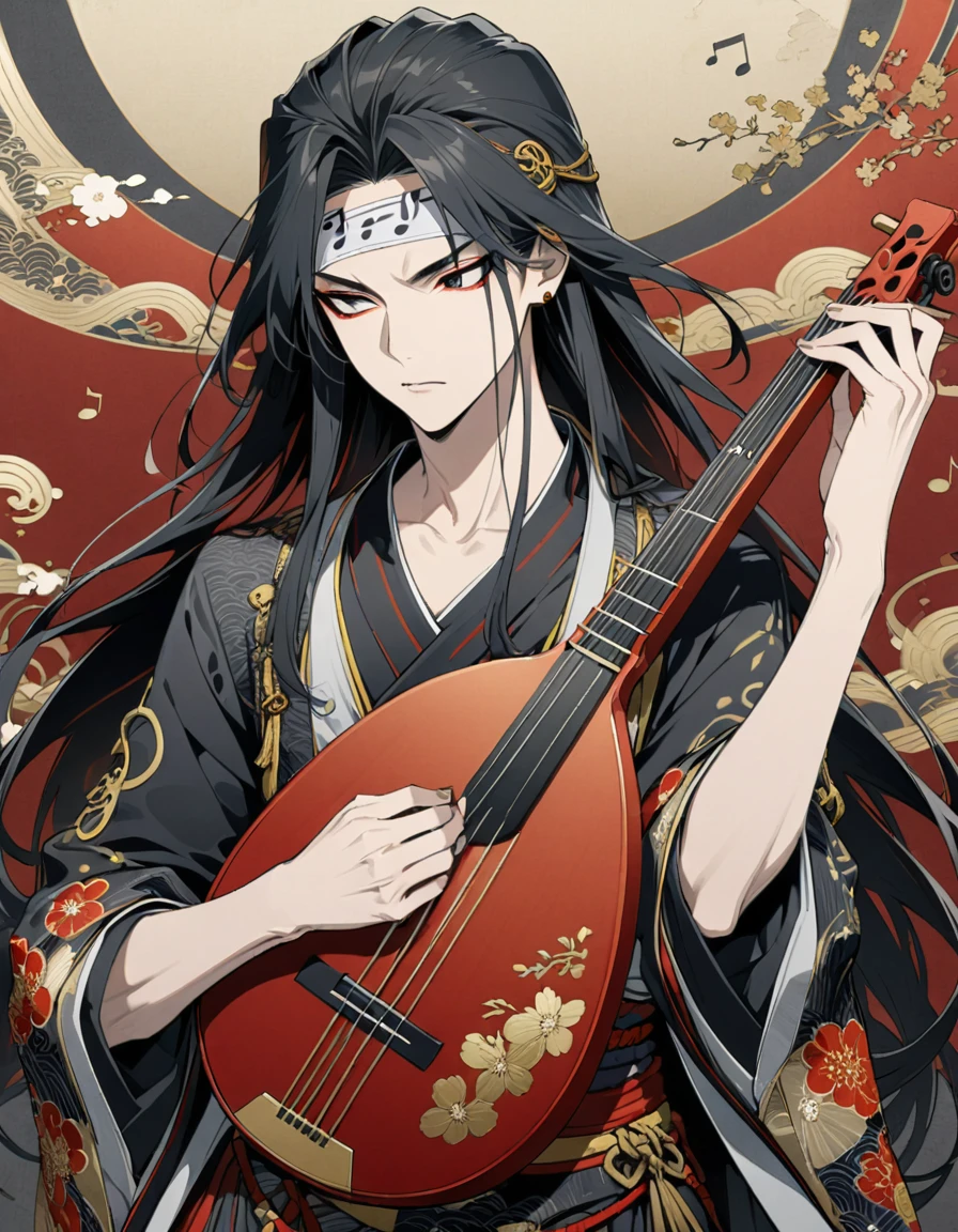 A stunning illustration of Kintaro, the Japanese God with long hair and mask playing the lute in the style of cool, with intricate details, a masterpiece, a flat background, dark colors like reds, whites, gold, black and grey, floral patterns, and musical notes. --ar 3:4 --niji 6