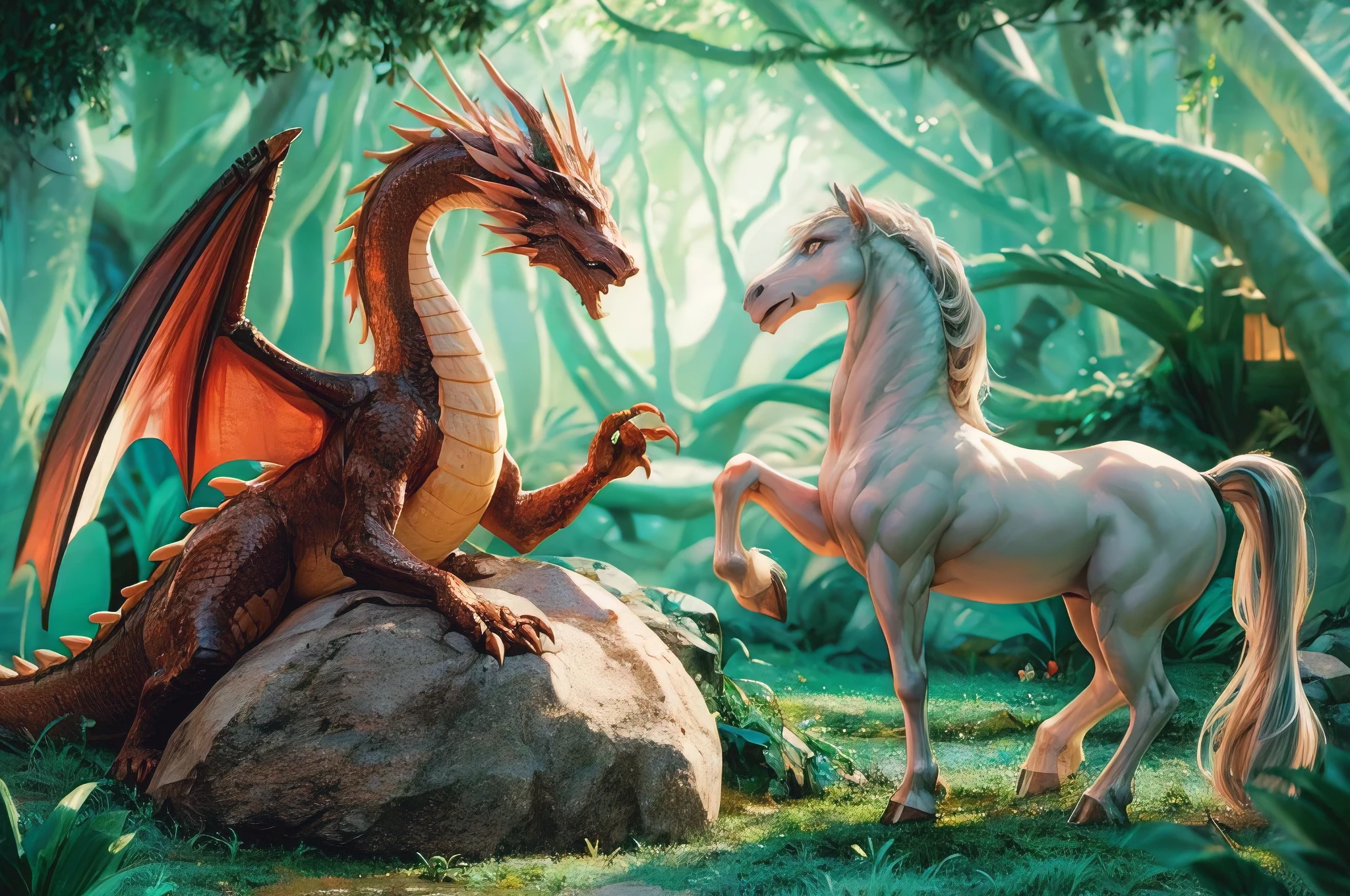A captivating 3D render of a noble dragon and a proud horse meeting at a lush, mint-blue forest. The dragon, with its scales shimmering in the sunlight, is perched on a large rock, while the horse stands majestically nearby. Both creatures appear to be of a high breed and maintain an air of pride. The forest is filled with vibrant, glowing flora and fauna, creating a fantastical and enchanting atmosphere., 3d render