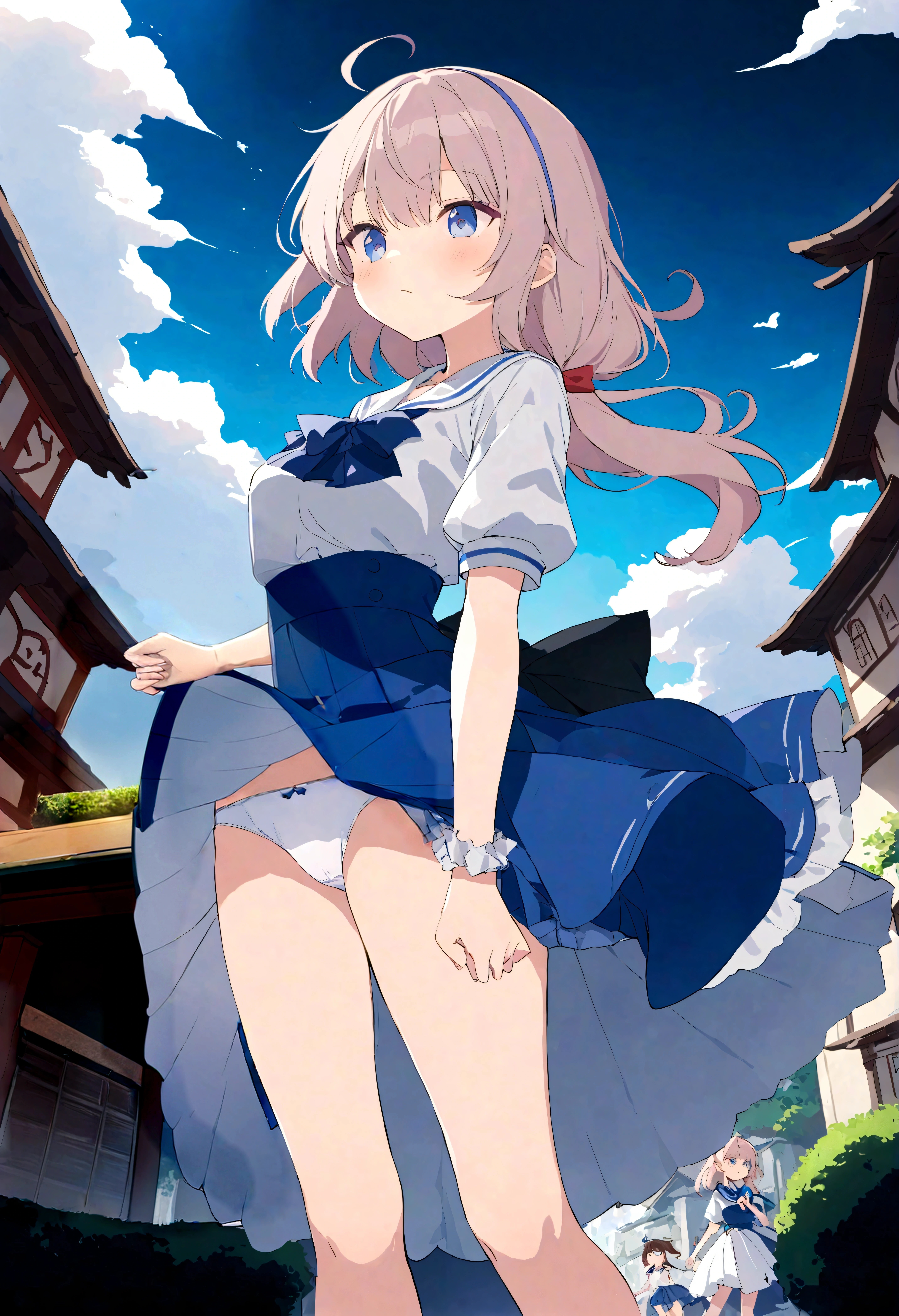 The strong wind is showing her white cotton panties、The strong wind is showing her white cotton panties、Kyoko Otonashi　Maison Ikkoku Low Angle、Long skirt、Holding the flipping skirt with your hand in a strong wind、The strong wind is showing her white cotton panties、:((Holding the flipping skirt with your hand))
