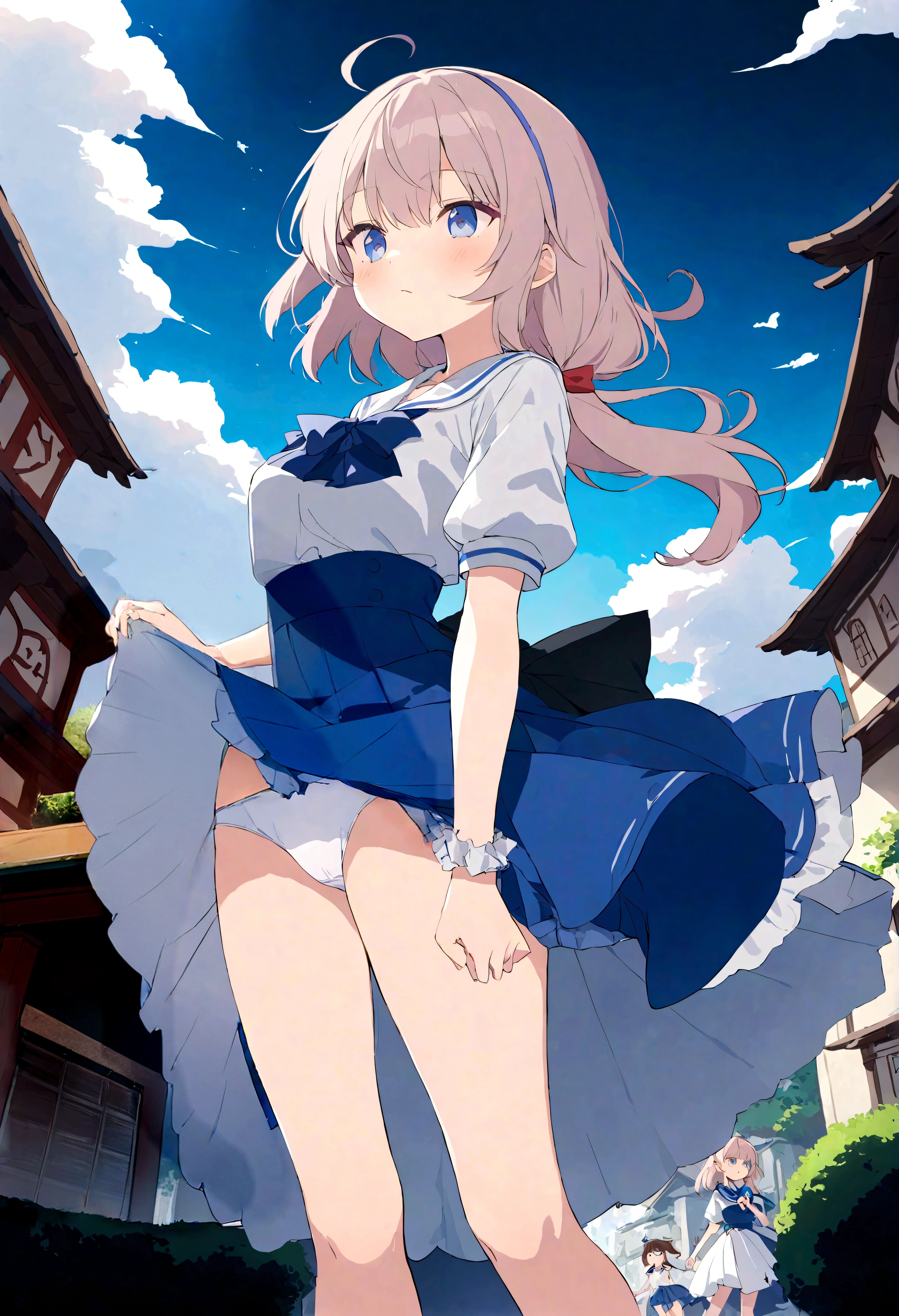 The strong wind is showing her white cotton panties、The strong wind is showing her white cotton panties、Kyoko Otonashi Maison Ikkoku Low Angle、Long skirt、Holding the flipping skirt with your hand in a strong wind、The strong wind is showing her white cotton panties、:((Holding the flipping skirt with your hand))