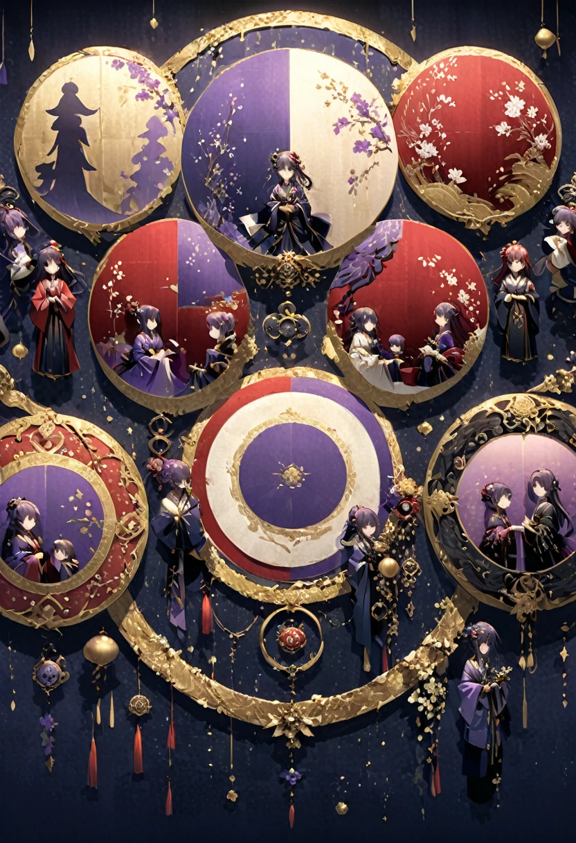 A visually appealing and high-resolution circular design featuring ten Japanese girls in various traditional , each within their own circle on the page. The central figure is adorned with intricate patterns of dark reds and gold accents, while surrounding figures display vibrant colors like deep blues or soft purples. This detailed illustration captures an atmosphere reminiscent of old-world elegance and cultural richness, perfect for adding depth to your projects. --ar 3:4 --niji 6 -