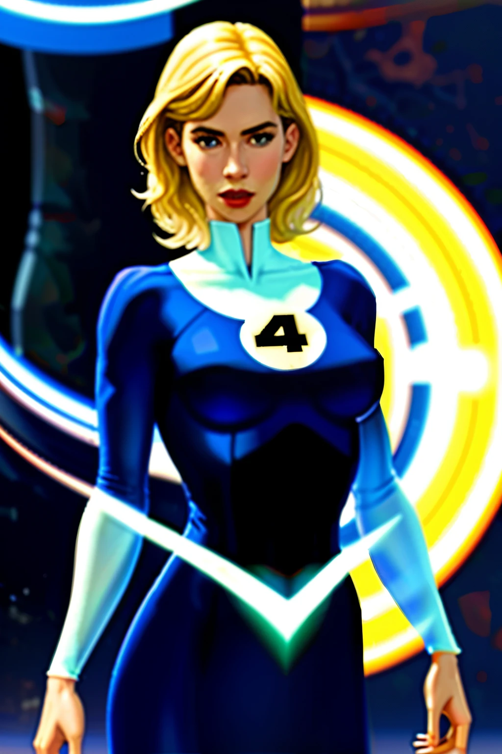 Vanessa Kirby as the Invisible Woman from the Fantastic Four, wearing a futuristic blue suit with the Fantastic Four logo on the chest. She has blonde hair, perfect facial features, and is in a superhero pose. The image should be hyper-realistic and captured with cinematic soft lighting.