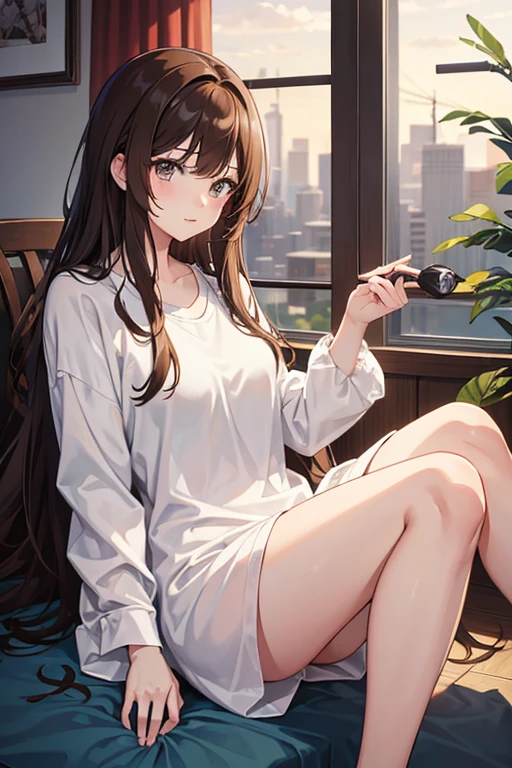 masterpiece, highest quality, High resolution,Follow the prompts、Anime Style、Brown Hair、Long Hair、Nightwear