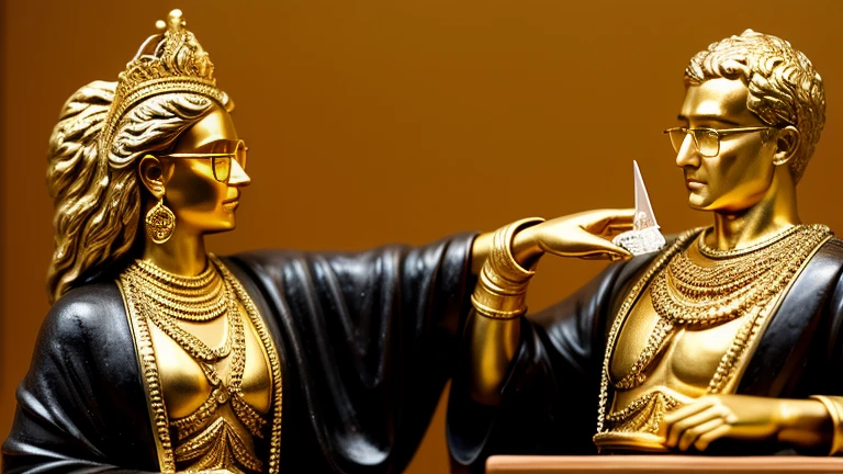 I want a sculpture of stoic philosophers with a black and white background. The picture should focus on the philosphers holding money or in a meeting and showing wealth. It should be a full-body sculpture with walls or buildings in the back ground. Hyper realistic wearing the gold chain glasses several gold coin scattered on the floor Best for creating fairy horse style and sharp lines.