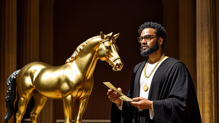 I want a sculpture of stoic philosophers with a black and white background. The picture should focus on the philosphers holding money or in a meeting and showing wealth. It should be a full-body sculpture with walls or buildings in the back ground. Hyper realistic wearing the gold chain glasses several gold coin scattered on the floor Best for creating fairy horse style and sharp lines.