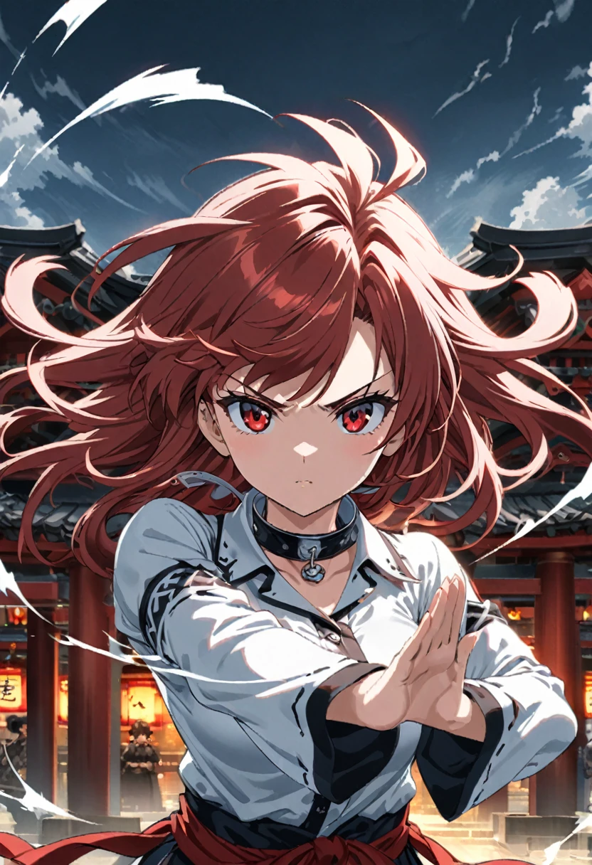 an anime girl doing martial art pose and open her hands, red eyes, black with white decorations on the collar and sleeves doing martial arts moves, in the style of anime style, high resolution, fantasy art in the style of an anime artist., Effects of high winds , white collar of the shirt, Precise Shrine Background, ultra detailed background, --ar 3:4 --niji 6