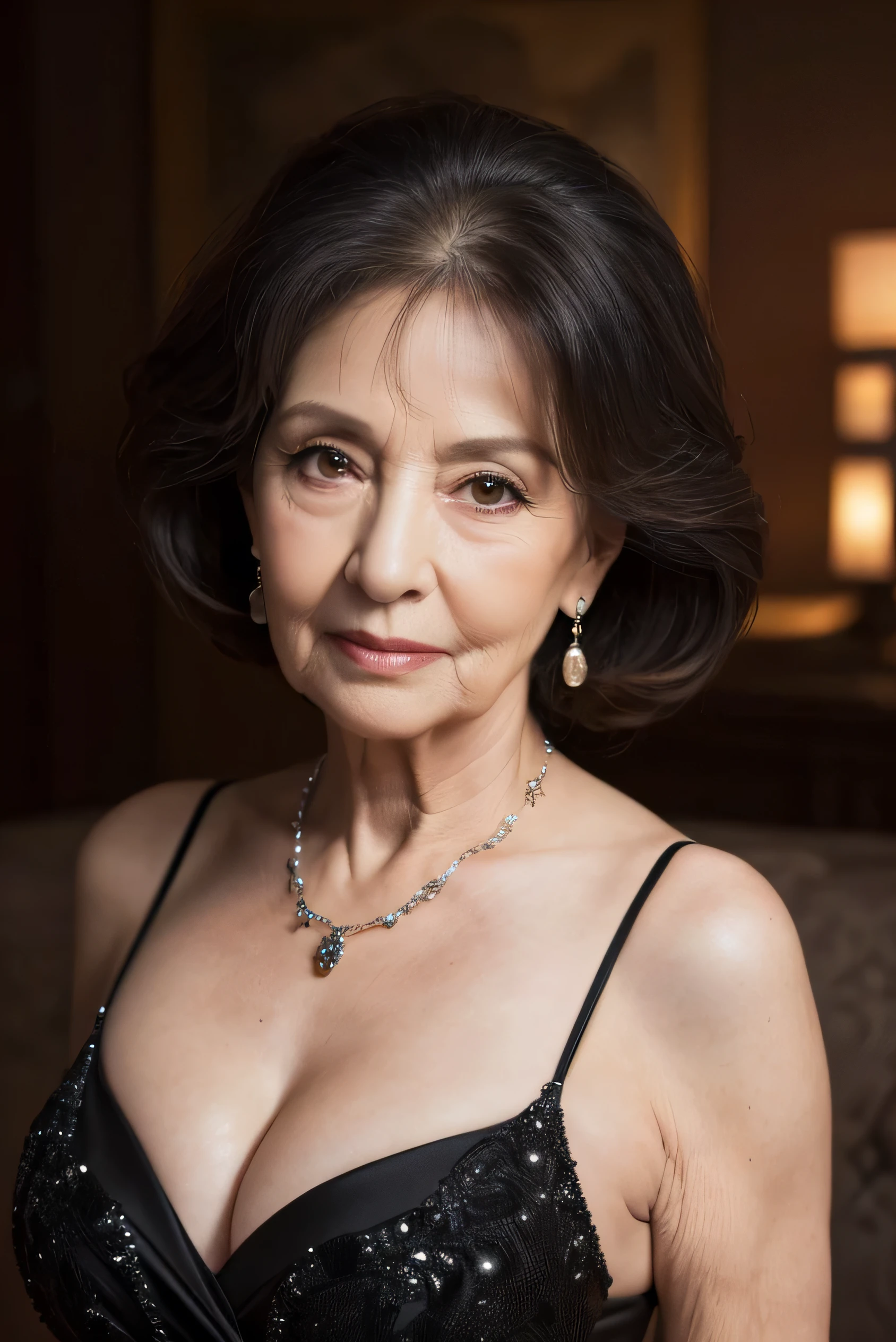 highest quality, masterpiece, High resolution, Realistic, RAW Photos, 8k wallpaper, perfection, Professional Lighting, Very detailed, ((One beautiful woman)), 80 years old, Sexy Woman, ((Black Dress)), Cleavage, Upper Body, ((look into the viewer'eye)), Detailed face, Beautiful eye, ((I'looking forward to it)), In the stylish dining room, sunny, bangs, Shapely breasts, Short Bob Hair, Plump and glossy lips, Cowboy Shot, ((Place your arms between your legs))