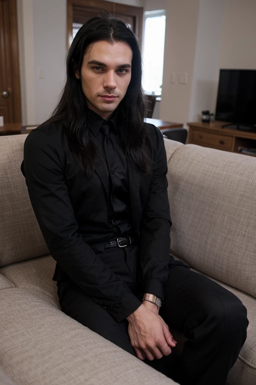 Handsome... strong... white... man... goth... long black hair... cute... dressed in black... warm sight...on a couch... male