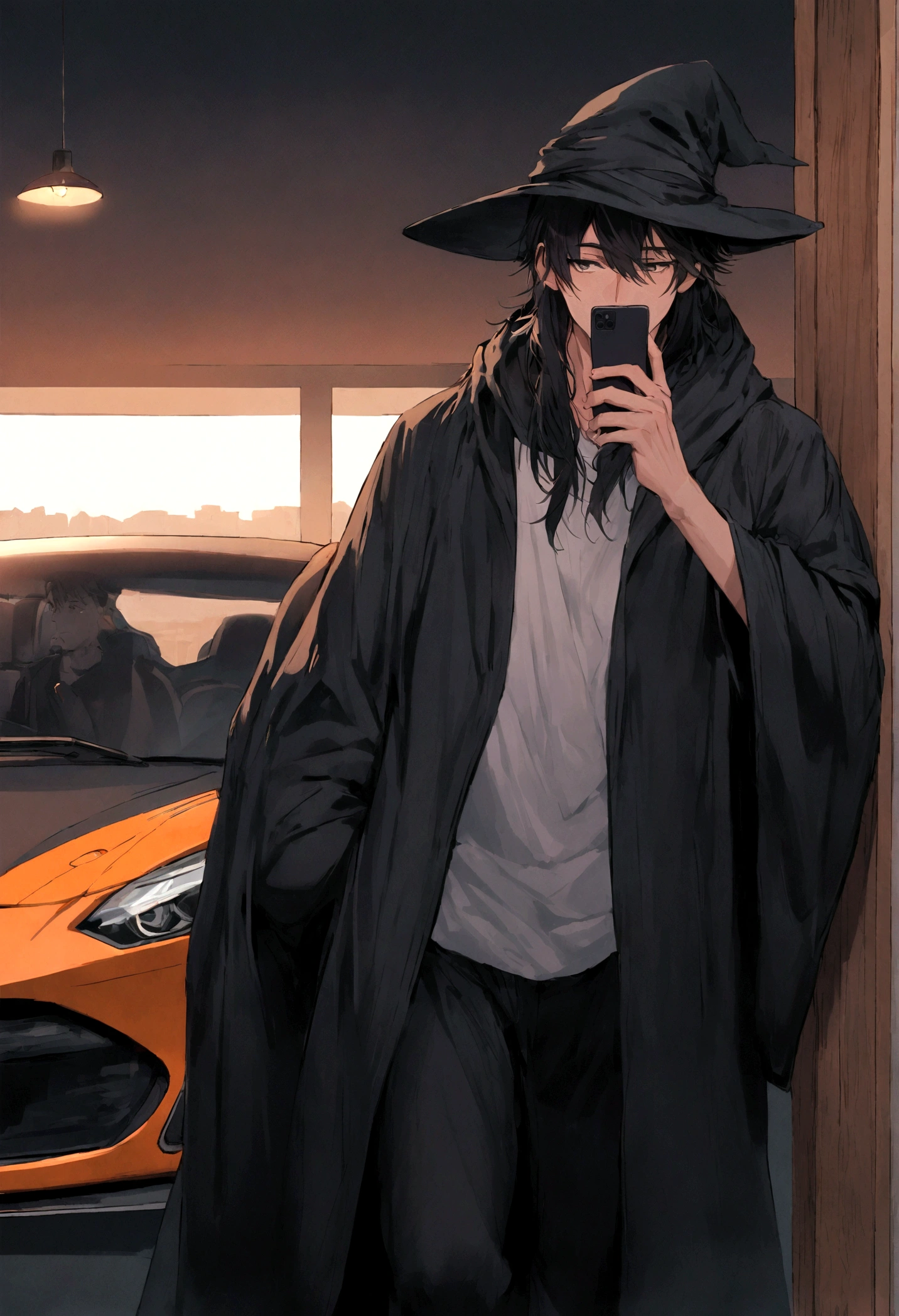 25-year-old man, black hair, hat and wizard clothes, in front of a sports car looking at his cell phone