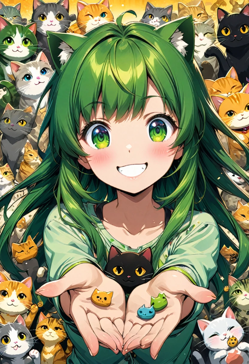 Rock sign hands, A vibrant anime-style illustration of a green-haired girl surrounded by cats, with her hands making the rock sign symbol and smiling at the camera. The background is filled with various cat characters in different poses, all rendered in a detailed manga art style. --ar 3:4 --niji 6 --style raw