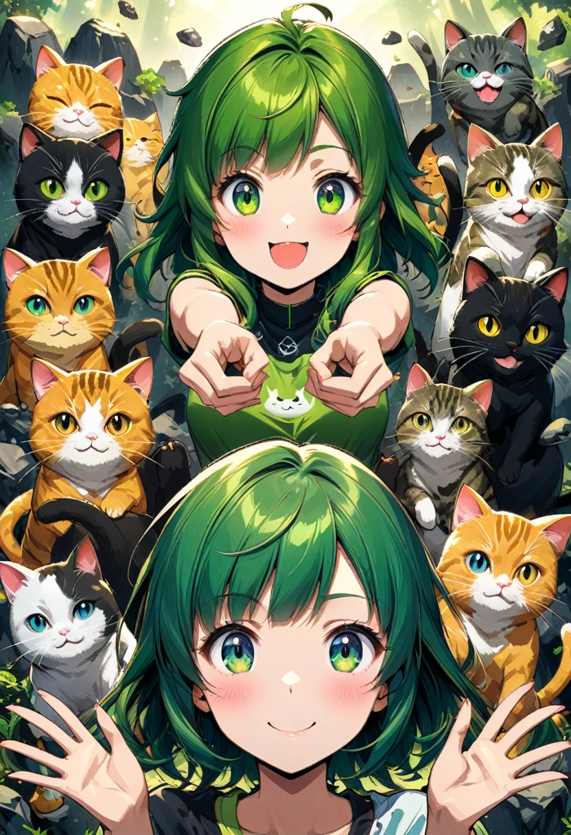 Rock sign hands, A vibrant anime-style illustration of a green-haired girl surrounded by cats, with her hands making the rock sign symbol and smiling at the camera. The background is filled with various cat characters in different poses, all rendered in a detailed manga art style. --ar 3:4 --niji 6 --style raw