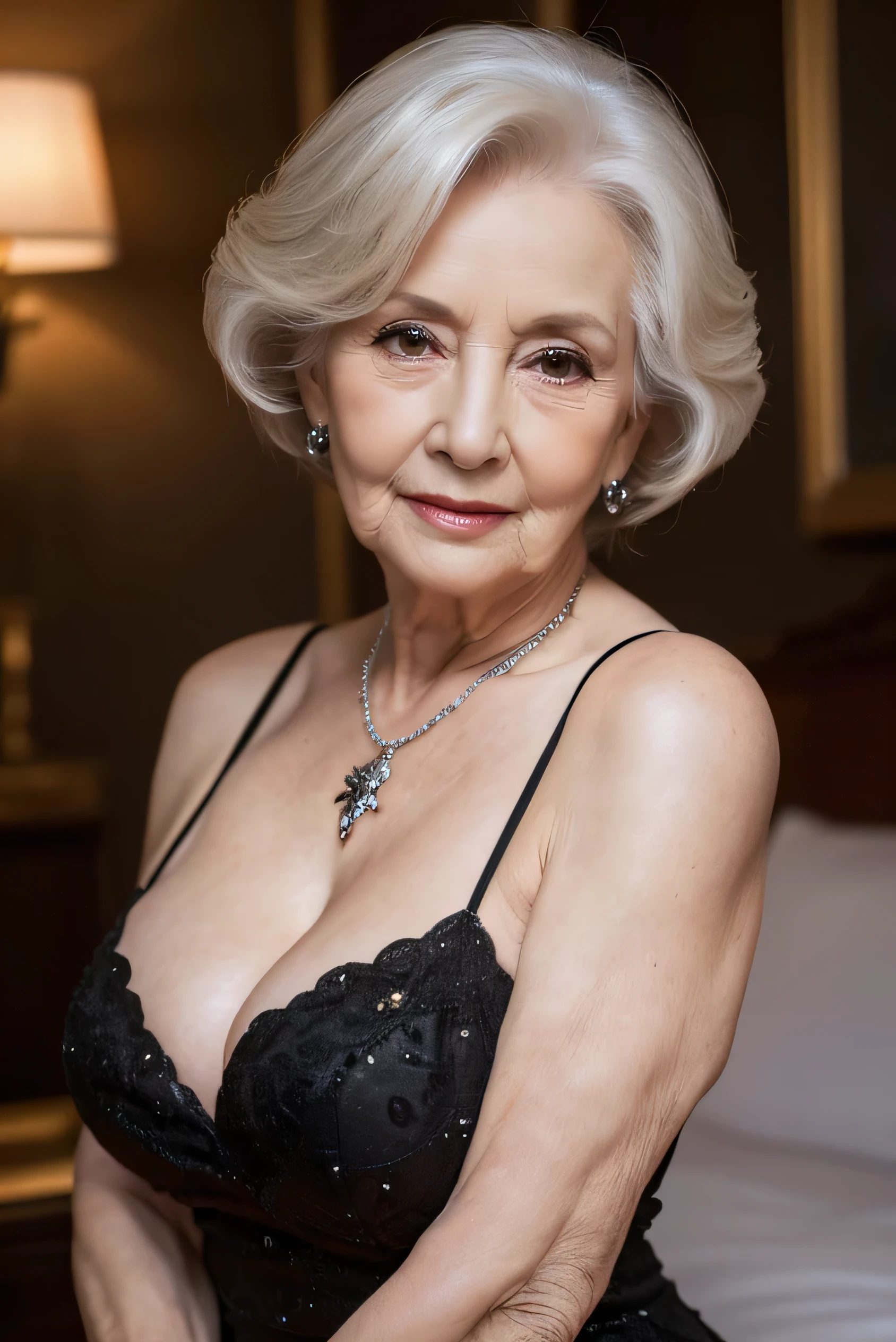 highest quality, masterpiece, High resolution, Realistic, RAW Photos, 8k wallpaper, perfection, Professional Lighting, Very detailed, ((One beautiful woman)), 80 years old, Sexy Woman, ((Black Dress)), Cleavage, Upper Body, ((look into the viewer&#39;eye)), Detailed face, Beautiful eye, ((I&#39;looking forward to it)), In the stylish dining room, sunny, bangs, Shapely breasts, Short Bob Hair, Plump and glossy lips, Cowboy Shot, ((Place your arms between your legs))