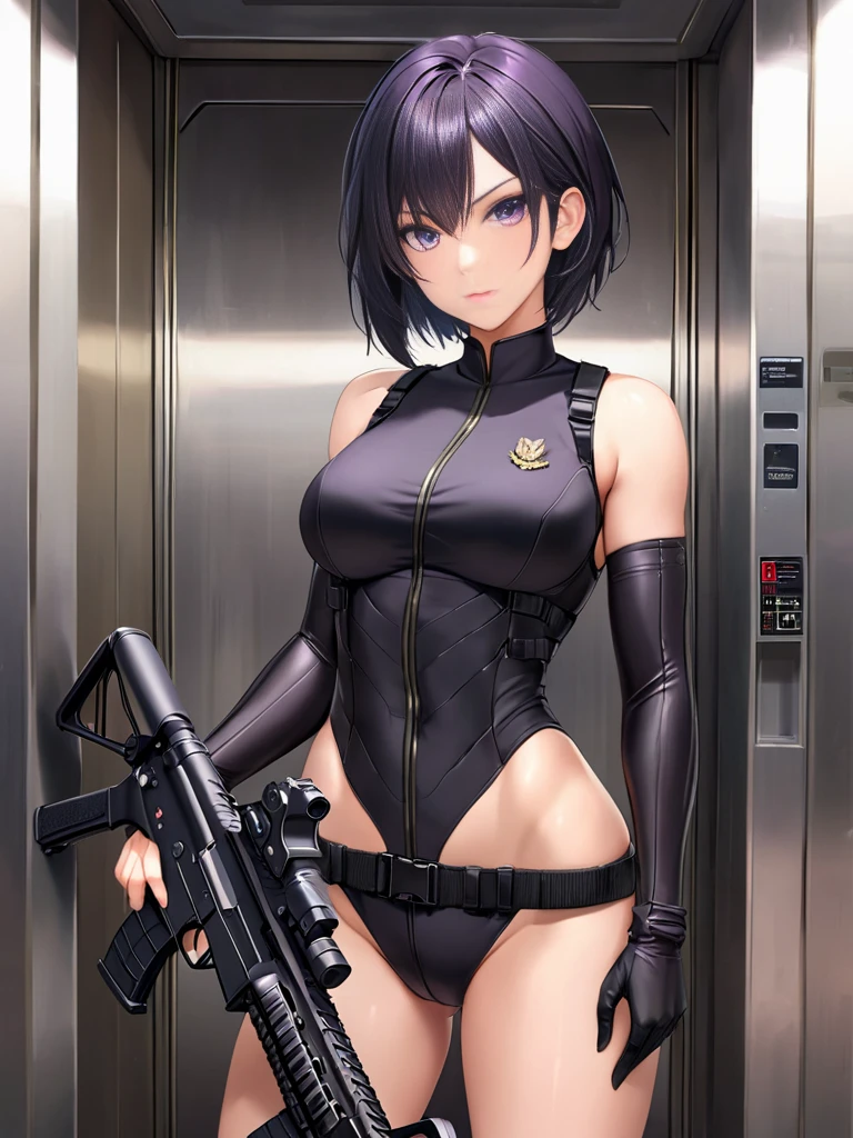 Tomboy mature and smart girls, short black hair, beautiful purple eyes, serious expression, wearing black military cloth, standing in the elevator, bring M4 assault rifle, perfect sexy body, perfect finger, perfect hand, perfect eyes, perfect legs, perfect hair, detail hair, perfect anatomy body, detailed cloth, detailed environment, real M4 weapons.