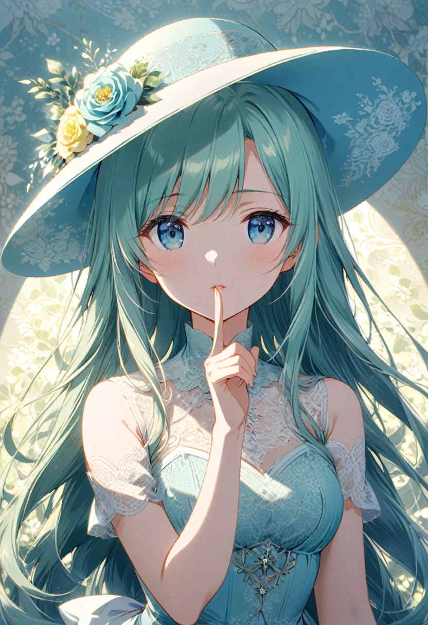 A beautiful anime girl with long hair wearing an elegant hat, flowers, making the silence gesture with one finger to her lips, surrounded by blue and white floral patterns, wearing lace in a light cyan style with light green and light yellow tones, soft lighting, and delicate lines. --ar 3:4 --niji 6