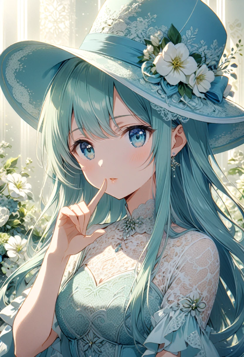 A beautiful anime girl with long hair wearing an elegant hat, flowers, making the silence gesture with one finger to her lips, surrounded by blue and white floral patterns, wearing lace in a light cyan style with light green and light yellow tones, soft lighting, and delicate lines. --ar 3:4 --niji 6