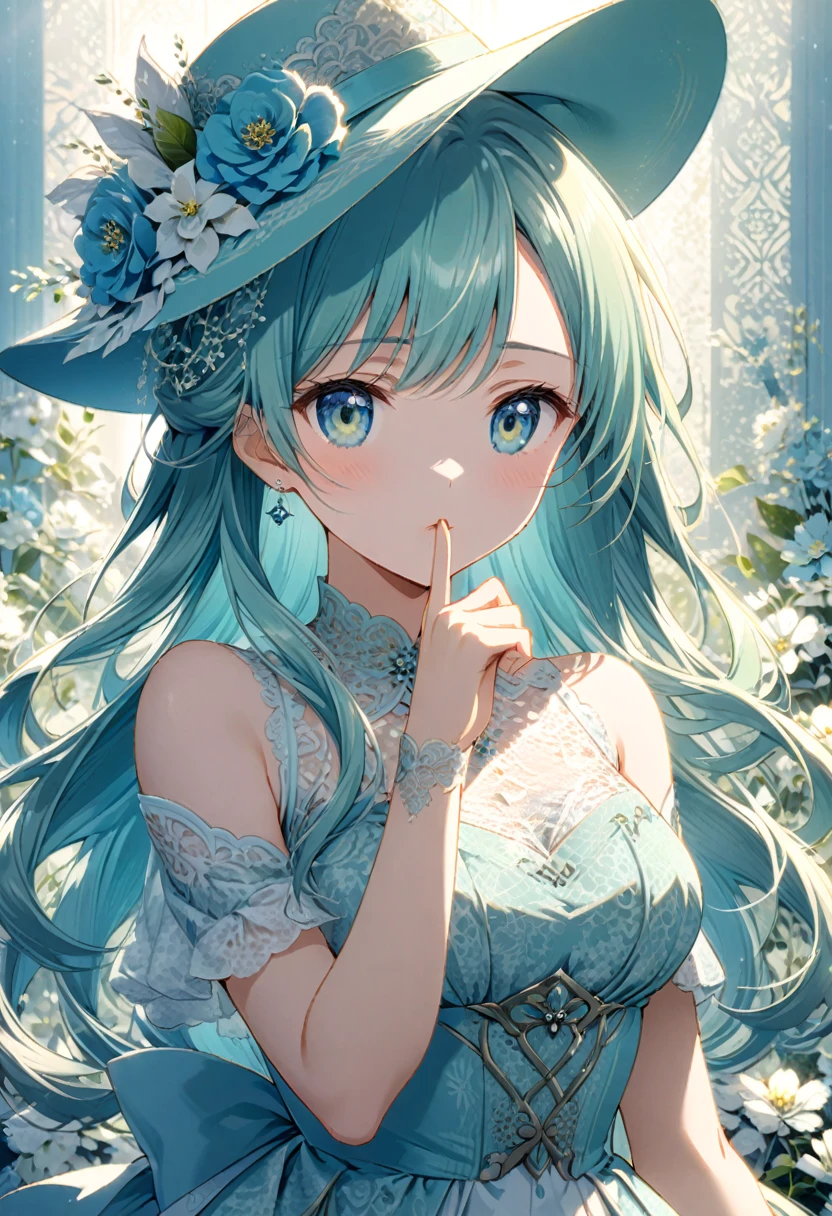 A beautiful anime girl with long hair wearing an elegant hat, flowers, making the silence gesture with one finger to her lips, surrounded by blue and white floral patterns, wearing lace in a light cyan style with light green and light yellow tones, soft lighting, and delicate lines. --ar 3:4 --niji 6