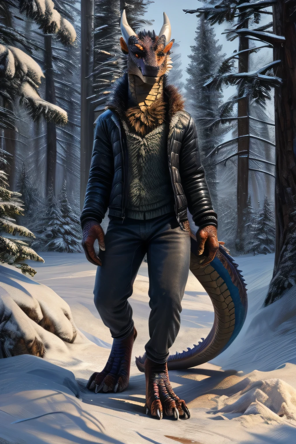 Sexy Character Portrait, Adult, (woman's:1.4), (anthro:1.2), dragon, woman's, Winter Fur White Clothing, Thin, hi res, photo realism, soft shading, presenting , (A detailed eye:1.1), Beautiful eyes, (Masterpiece:1.2), Detailed Face, good anatomy, Detailed scales, 1tail, tail, Cinematic lighting, ultradetailed, Professional photography, HDR, ........3d, lifelike, Cinematic, Realistic, hyper detailed, max detail, surround light, Author: kenket , by Ross Tran, Michael & Inessa Garmash, pino daeni, by ruan jia, solo, (Realistic scale, scale, Realistic texture scale:1), Detailed background, Photorealistic, hyper realistic, Standing, exteriors, Winter Forest,
