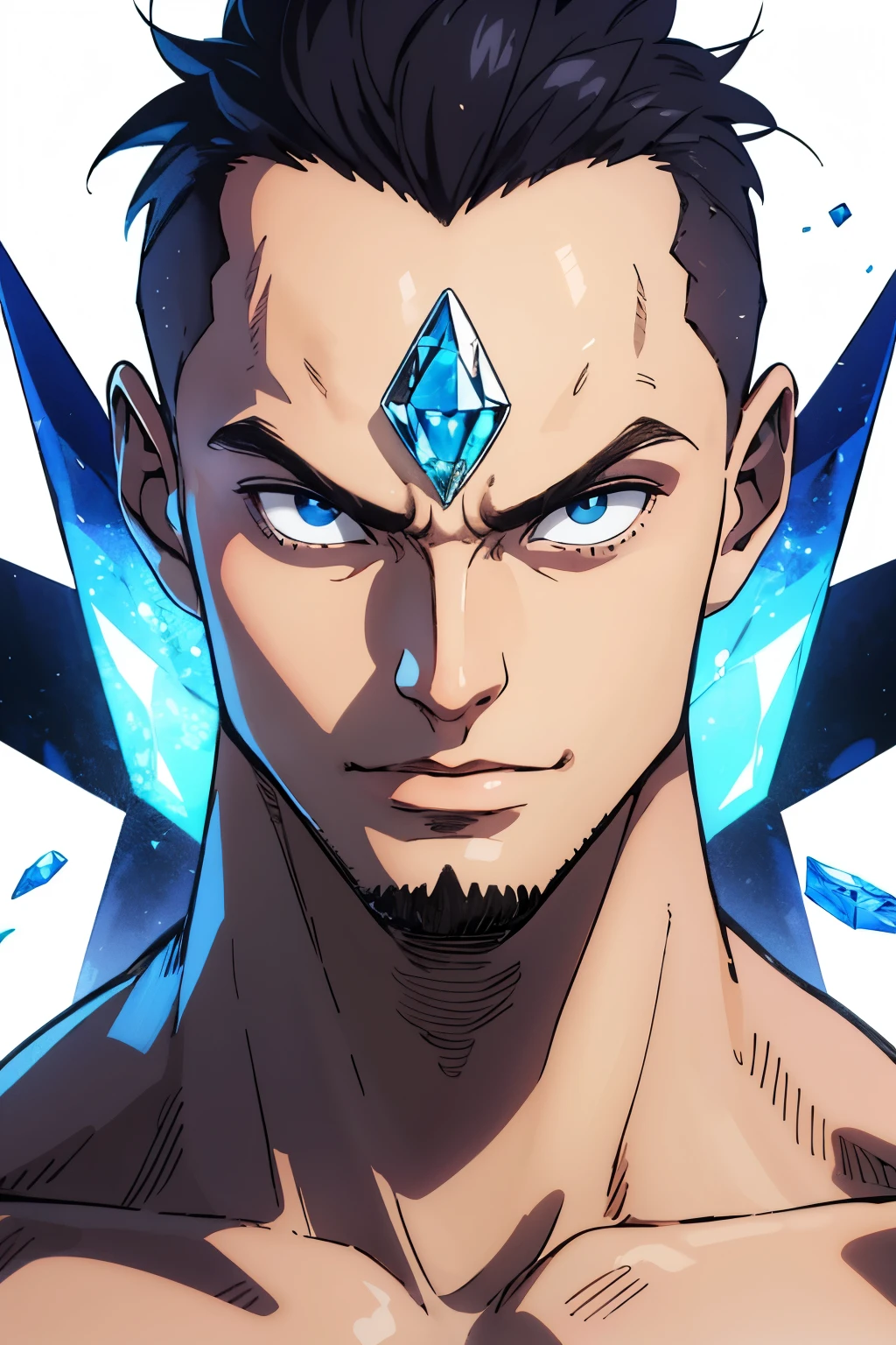 young bald guy with a blue crystal in his forehead